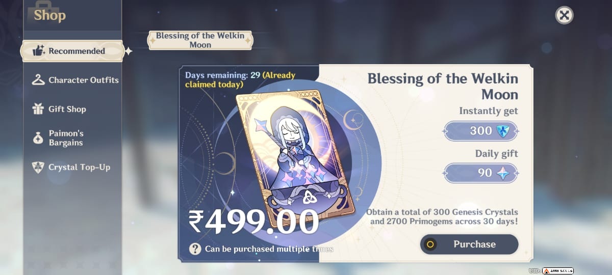 Genshin Impact - Blessing of the Welkin Moon [UID] photo review