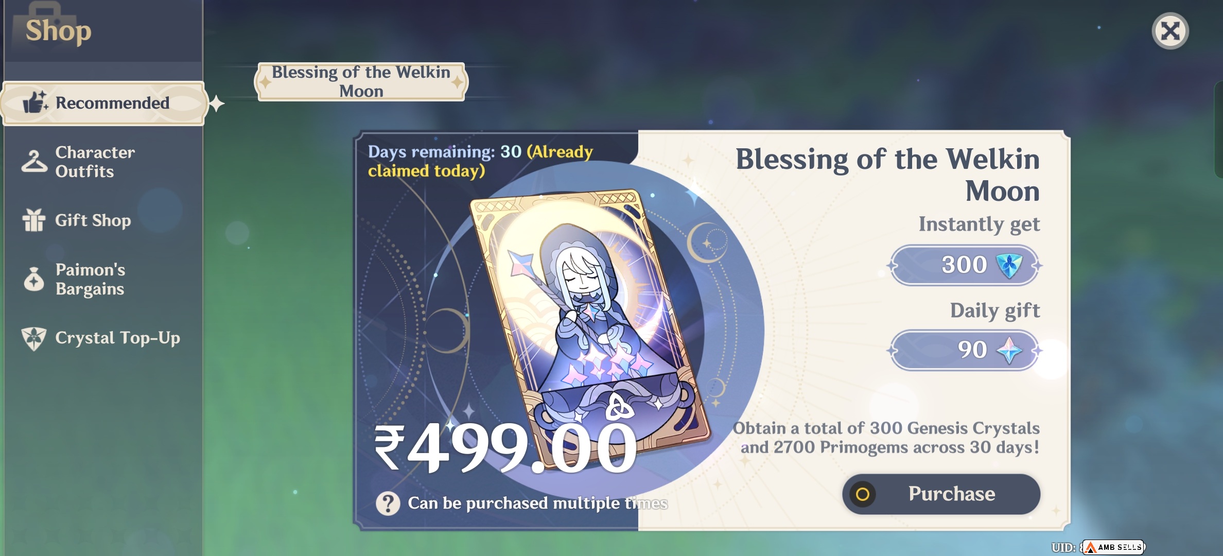 Genshin Impact - Blessing of the Welkin Moon [UID] photo review