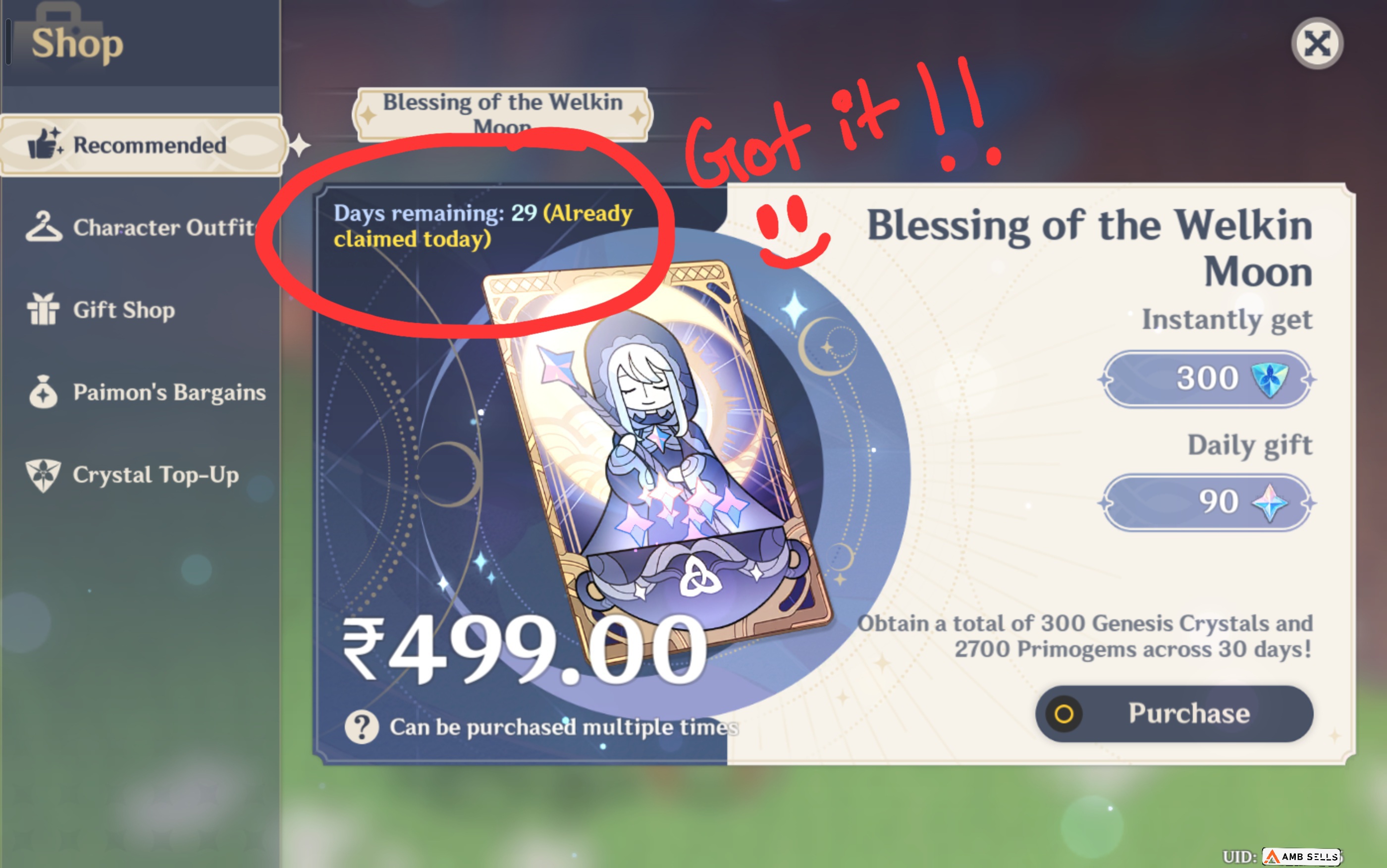 Genshin Impact - Blessing of the Welkin Moon [UID] photo review