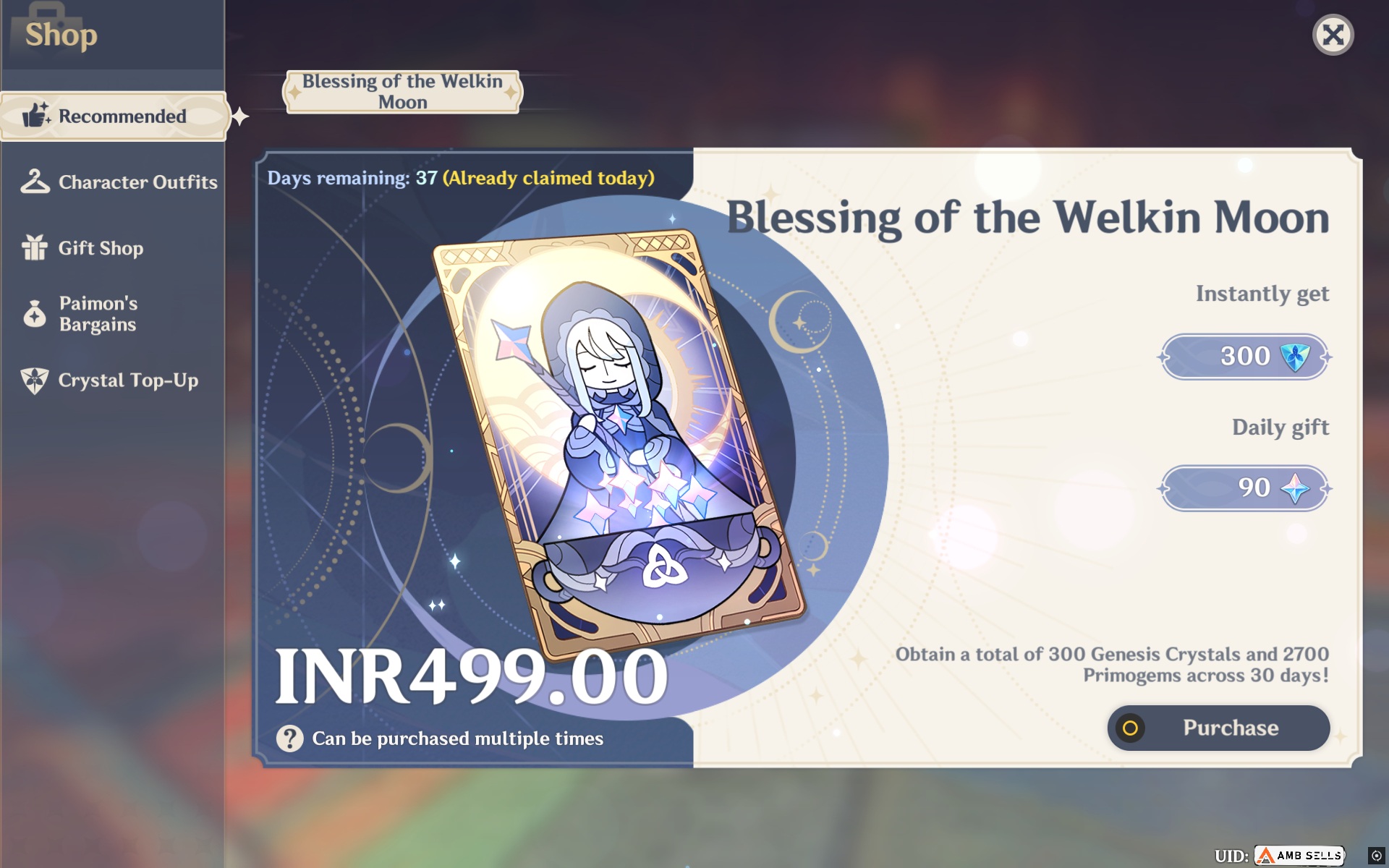 Genshin Impact - Blessing of the Welkin Moon [UID] photo review