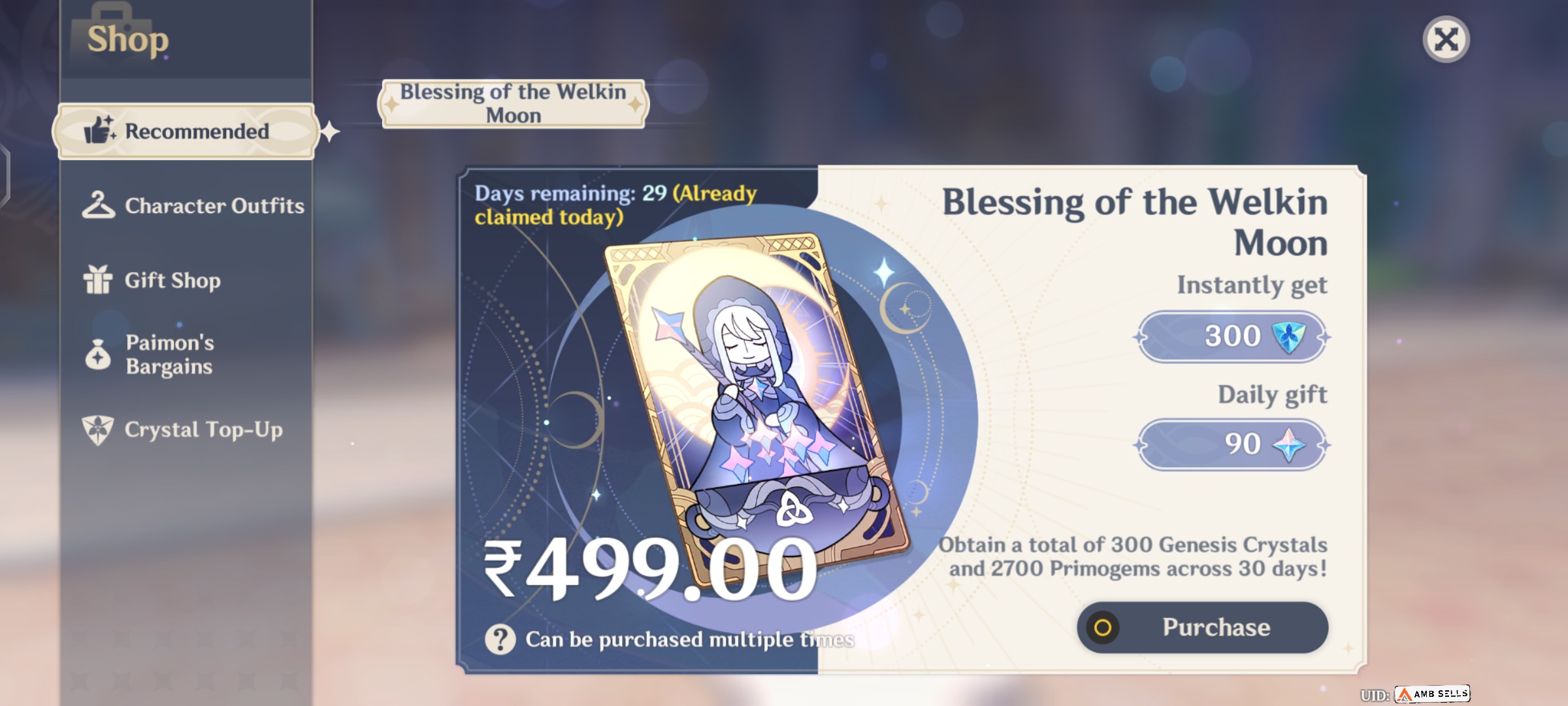 Genshin Impact - Blessing of the Welkin Moon [UID] photo review