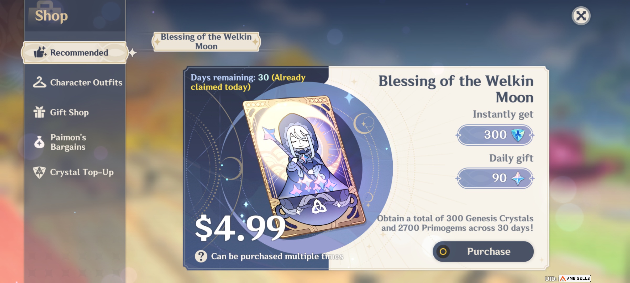 Genshin Impact - Blessing of the Welkin Moon [UID] photo review