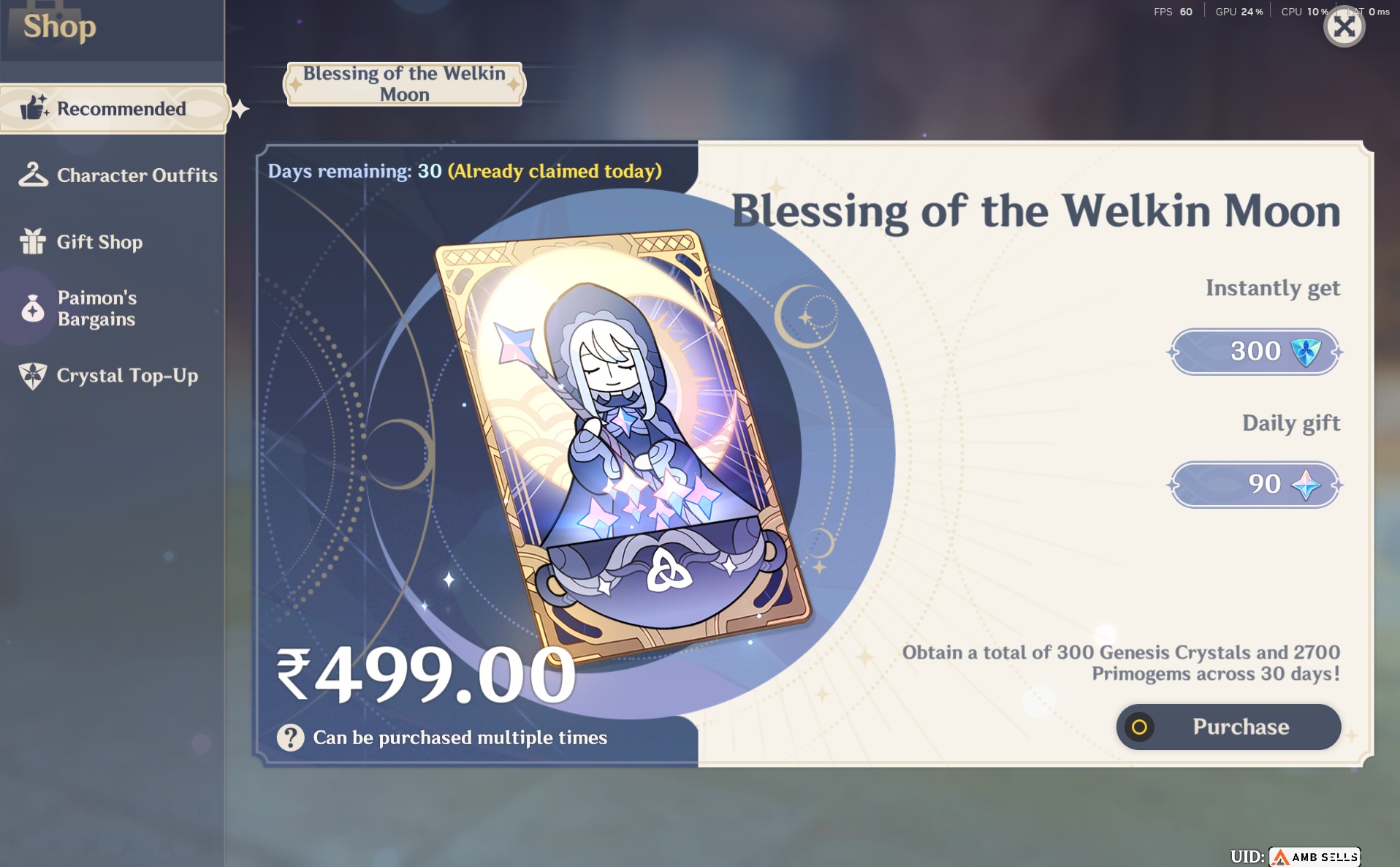 Genshin Impact - Blessing of the Welkin Moon [UID] photo review