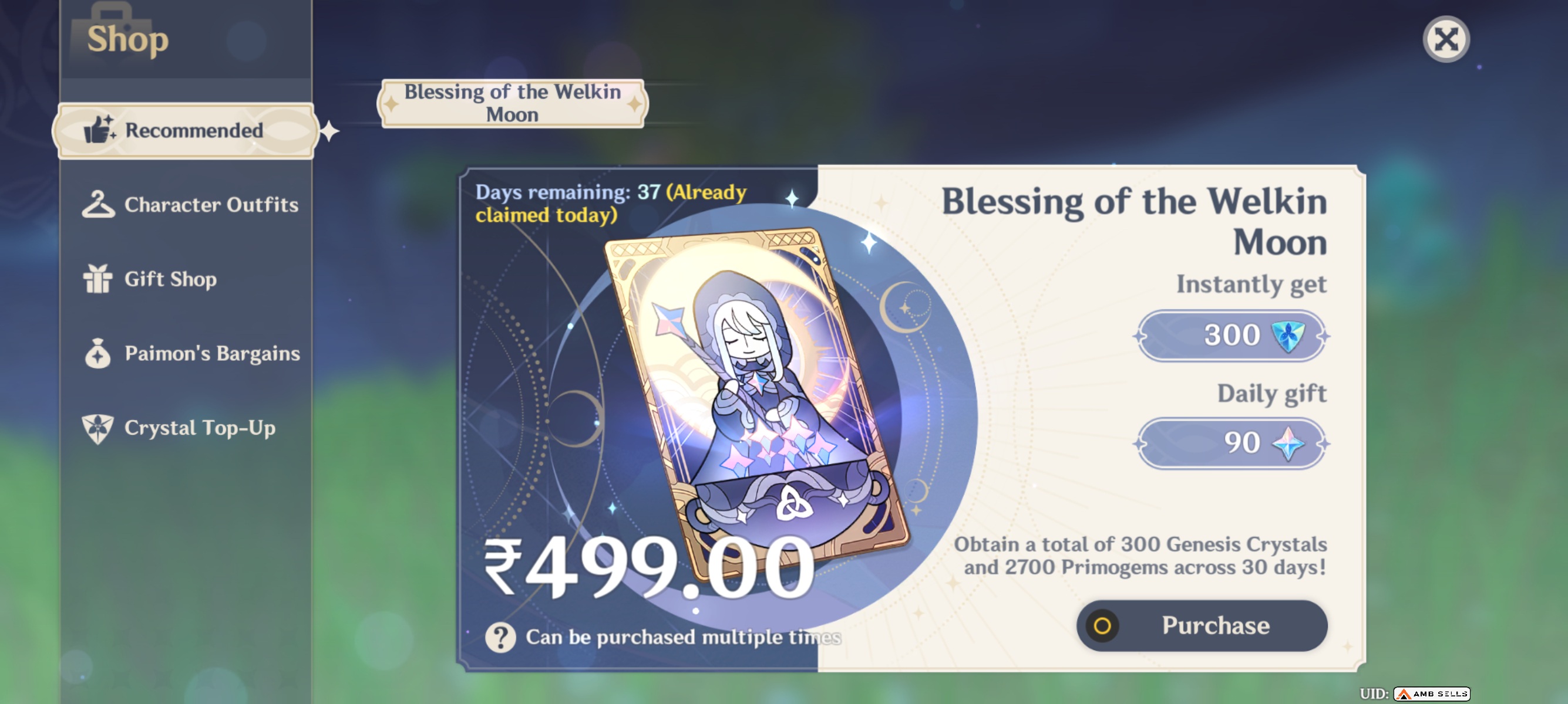 Genshin Impact - Blessing of the Welkin Moon [UID] photo review