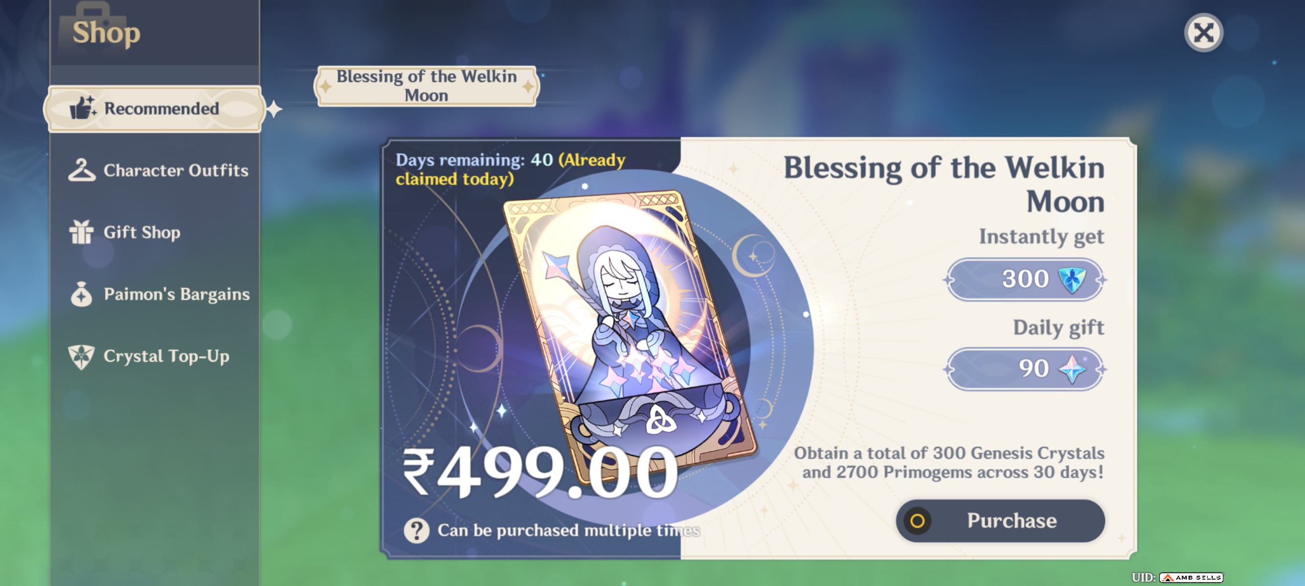 Genshin Impact - Blessing of the Welkin Moon [UID] photo review