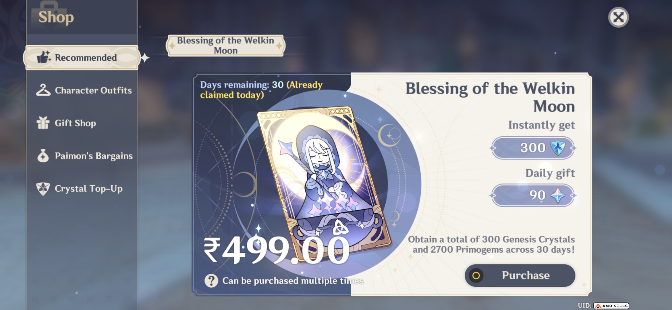Genshin Impact - Blessing of the Welkin Moon [UID] photo review
