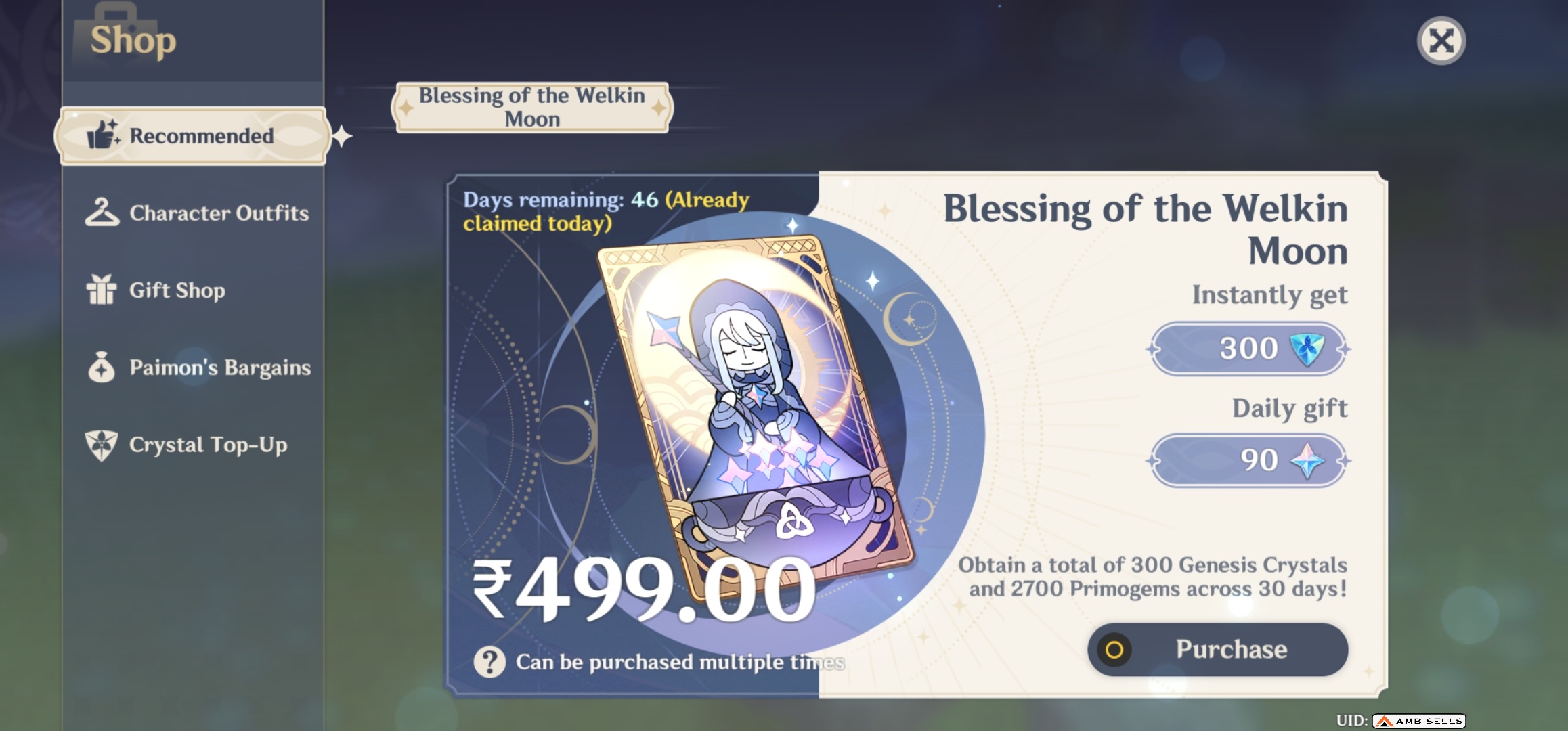 Genshin Impact - Blessing of the Welkin Moon [UID] photo review