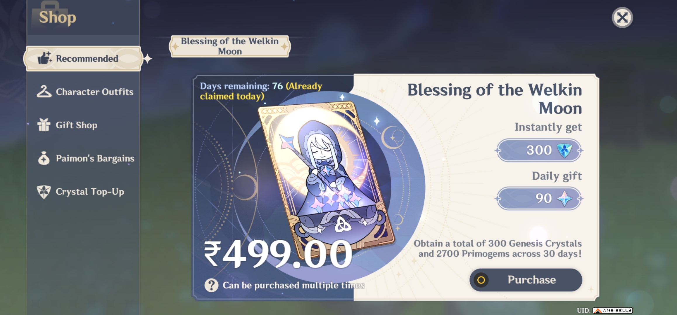 Genshin Impact - Blessing of the Welkin Moon [UID] photo review