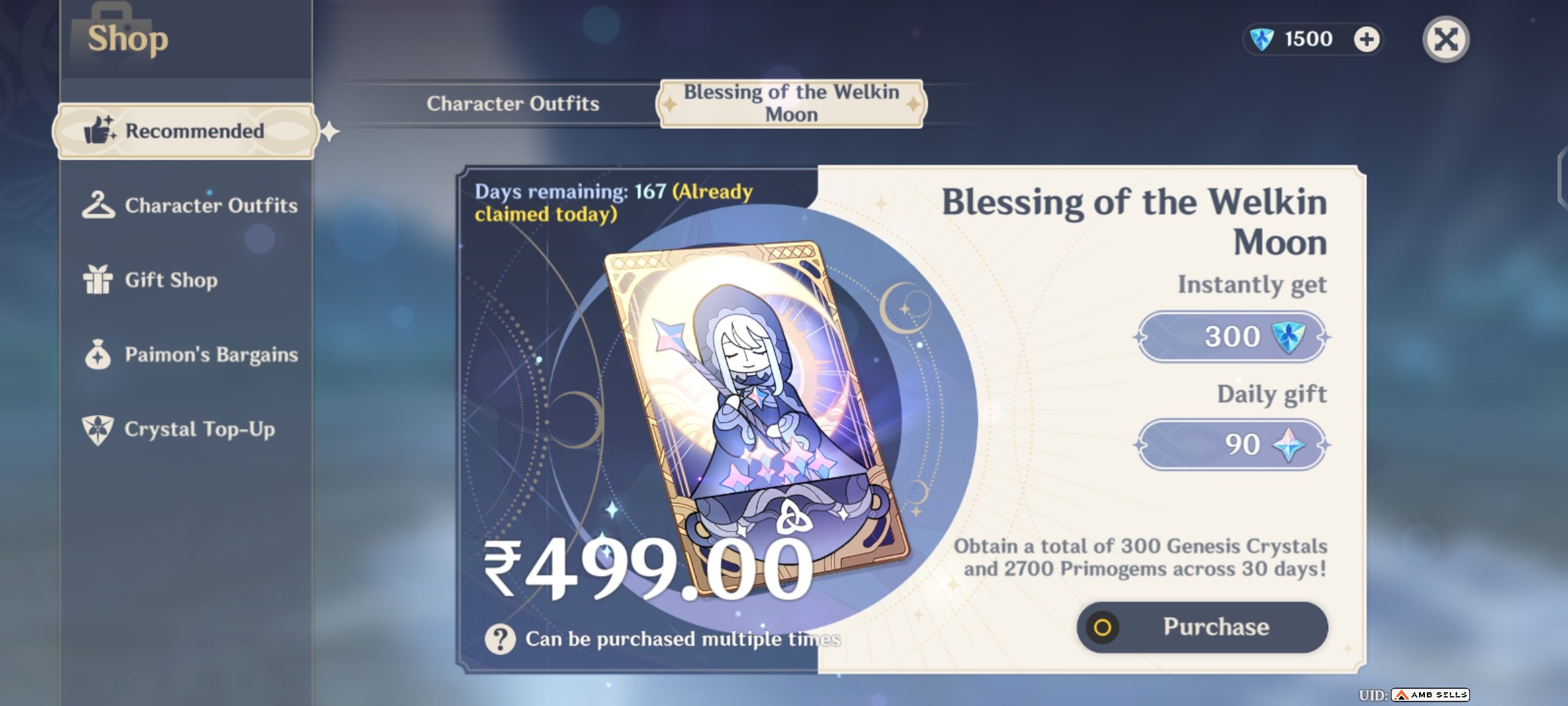 Genshin Impact - Blessing of the Welkin Moon [UID] photo review