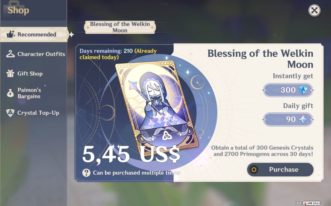 Genshin Impact - Blessing of the Welkin Moon [UID] photo review