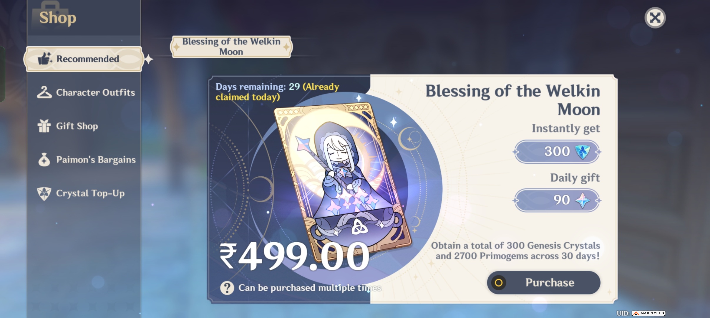 Genshin Impact - Blessing of the Welkin Moon [UID] photo review