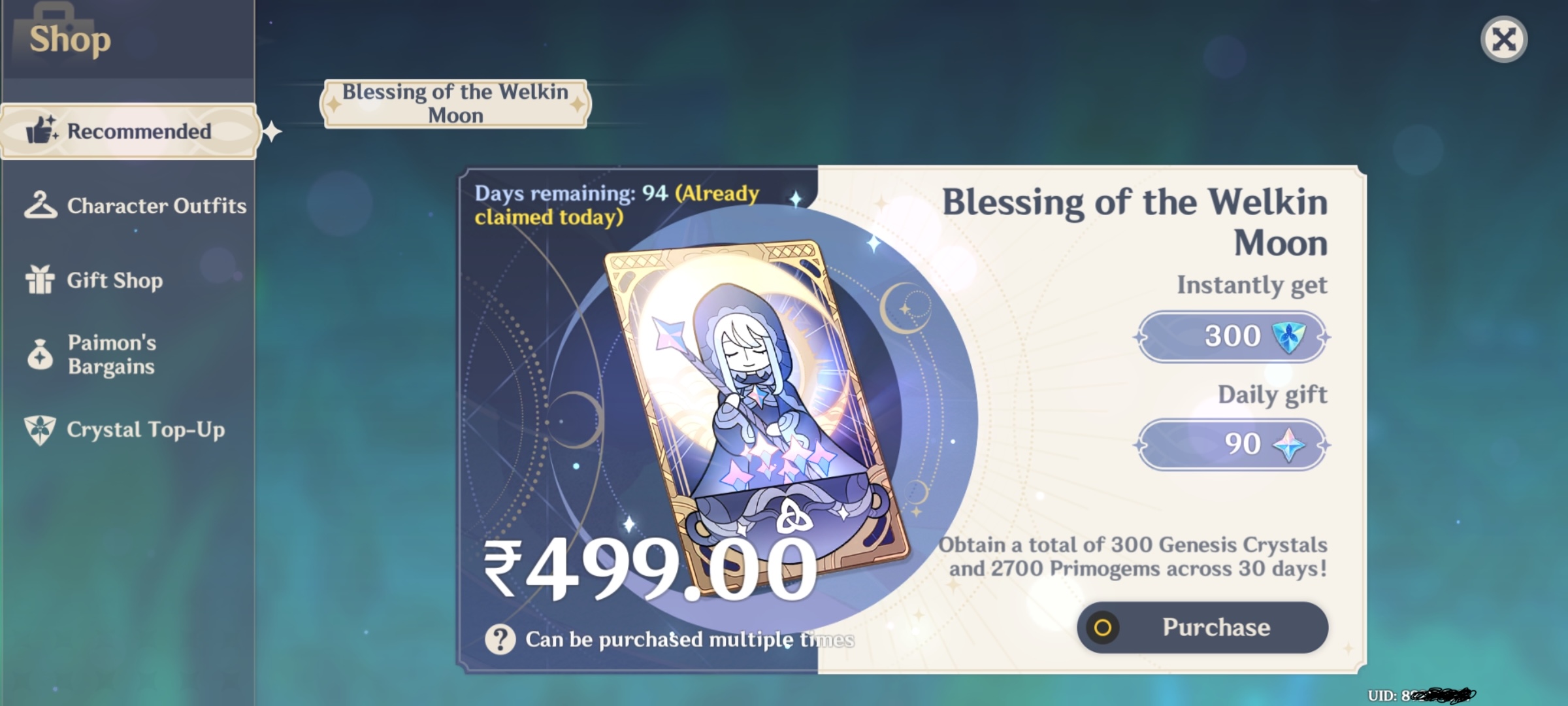 Genshin Impact - Blessing of the Welkin Moon [UID] photo review