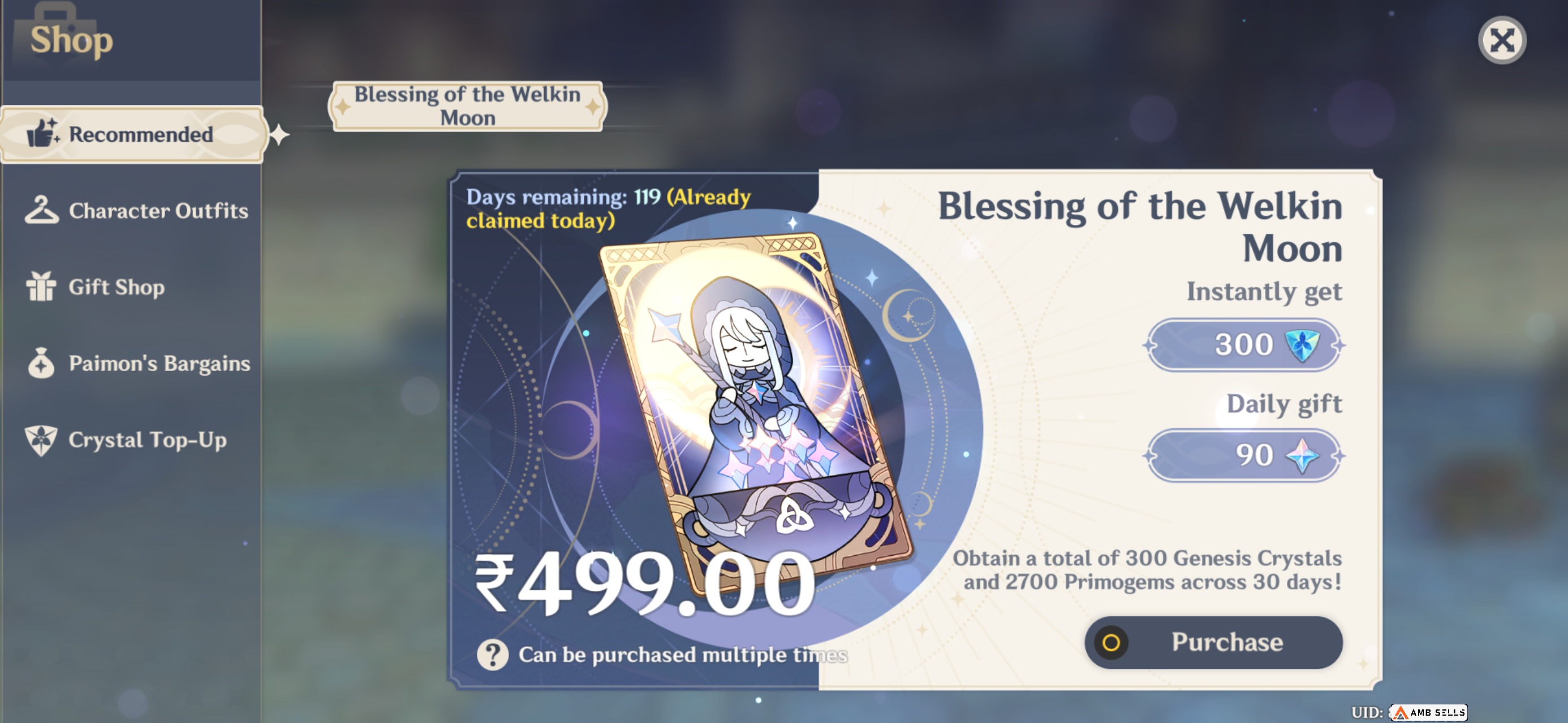 Genshin Impact - Blessing of the Welkin Moon [UID] photo review
