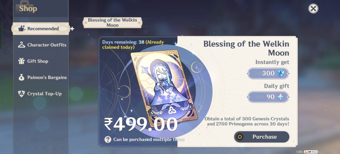 Genshin Impact - Blessing of the Welkin Moon [UID] photo review