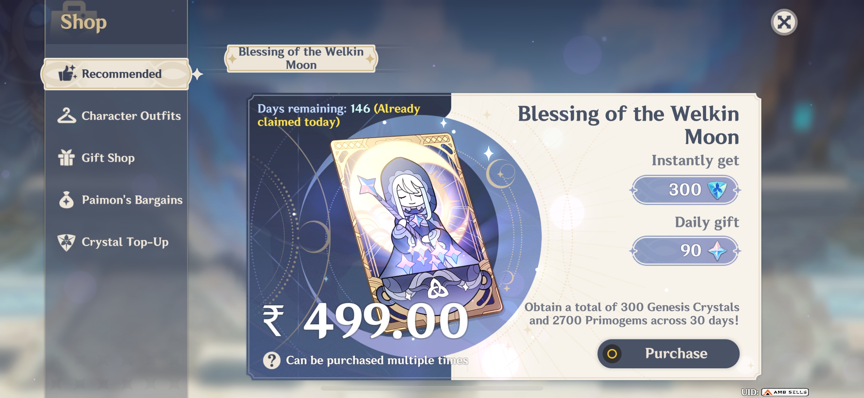 Genshin Impact - Blessing of the Welkin Moon [UID] photo review