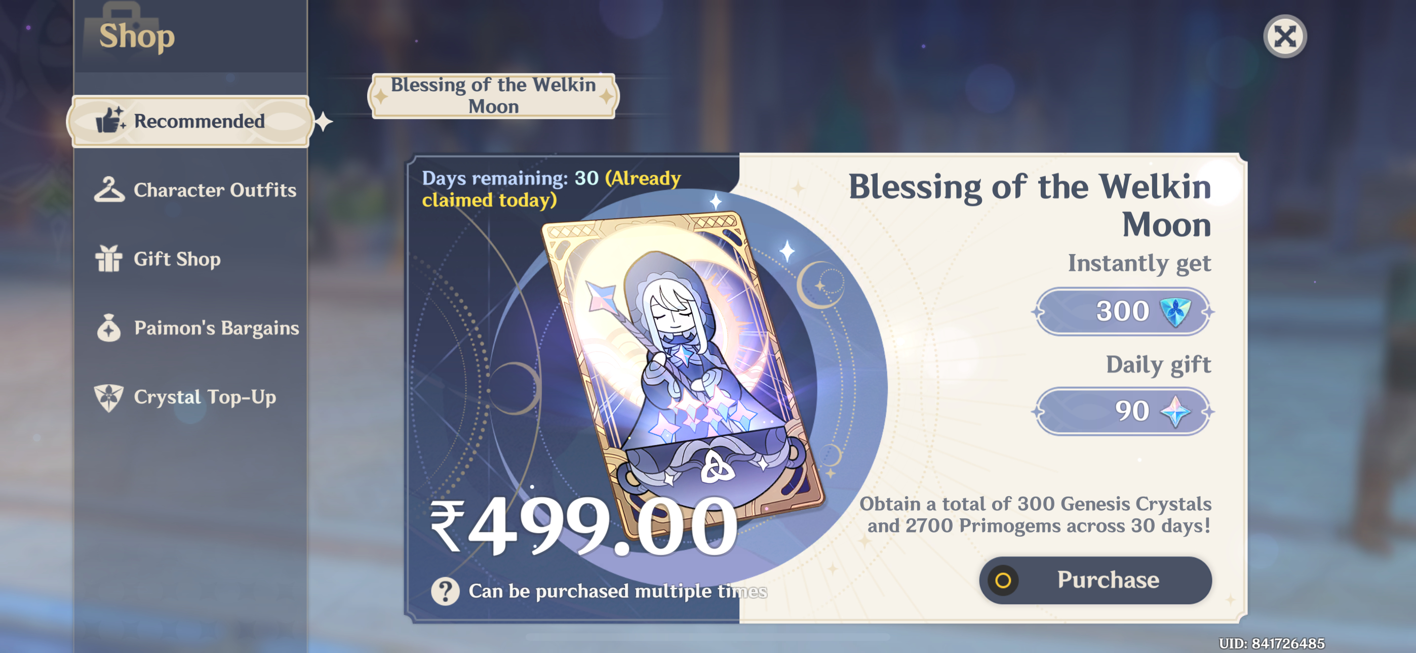 Genshin Impact - Blessing of the Welkin Moon [UID] photo review