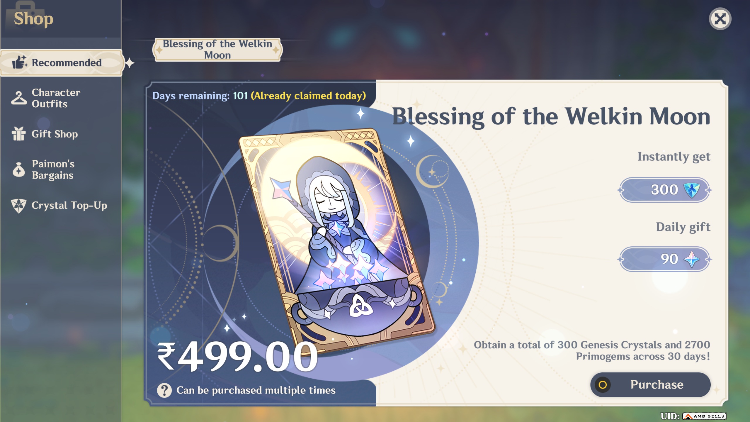Genshin Impact - Blessing of the Welkin Moon [UID] photo review