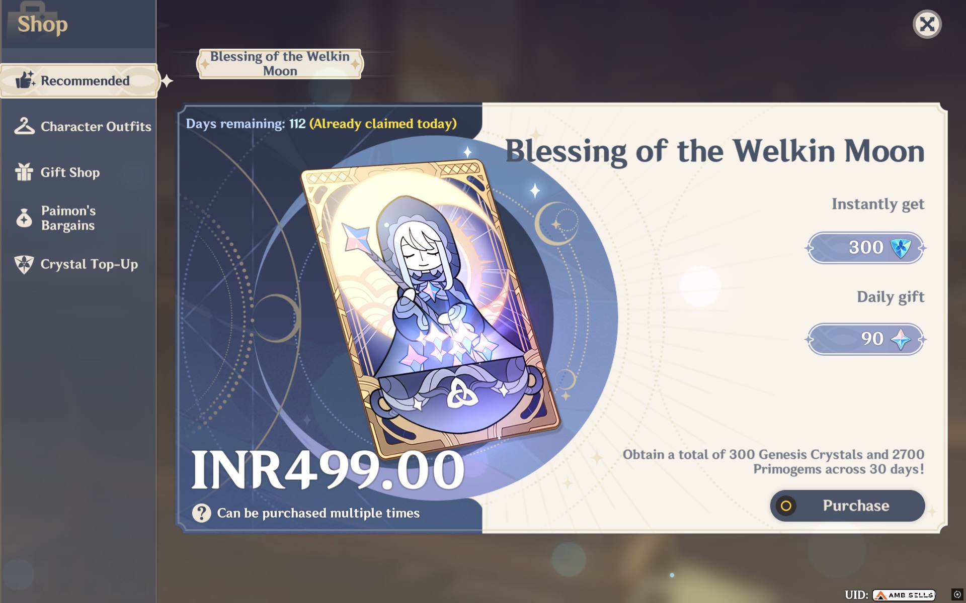 Genshin Impact - Blessing of the Welkin Moon [UID] photo review