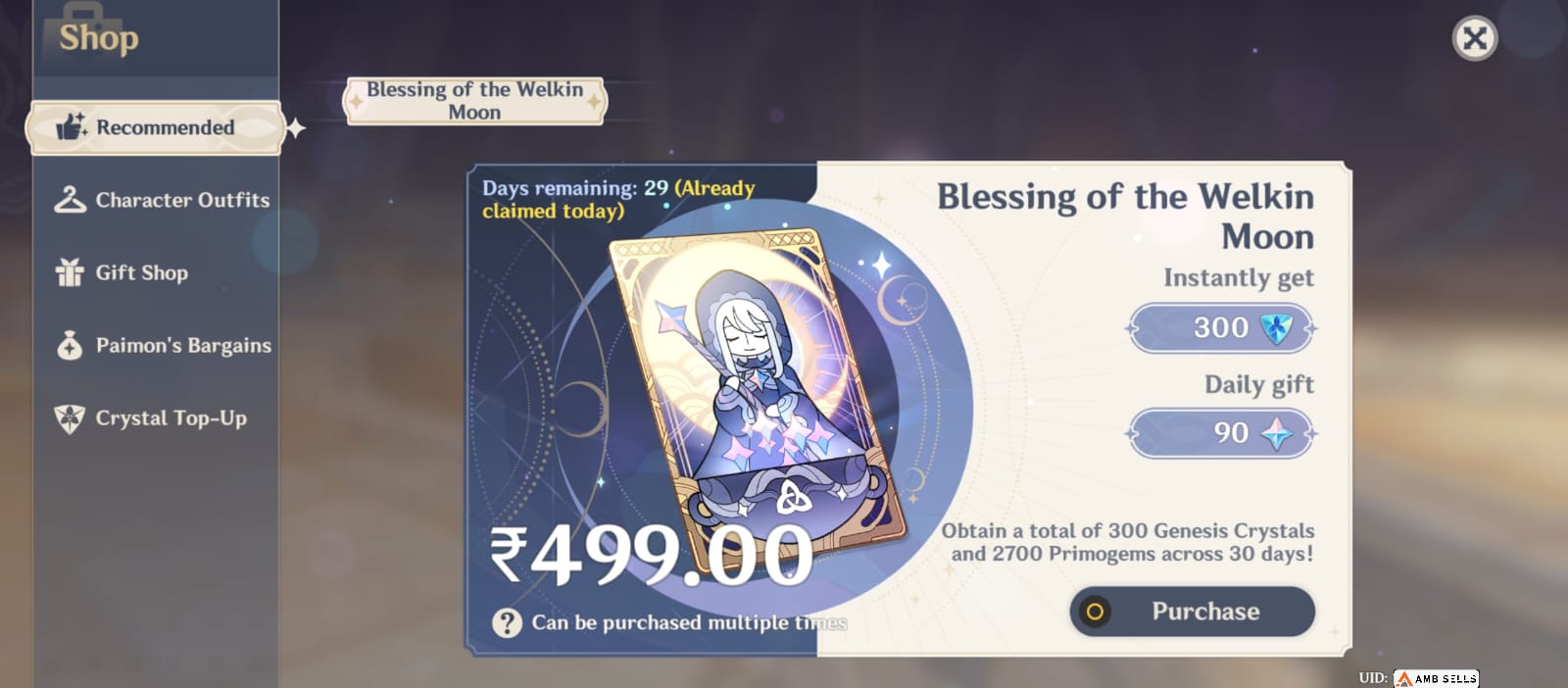 Genshin Impact - Blessing of the Welkin Moon [UID] photo review
