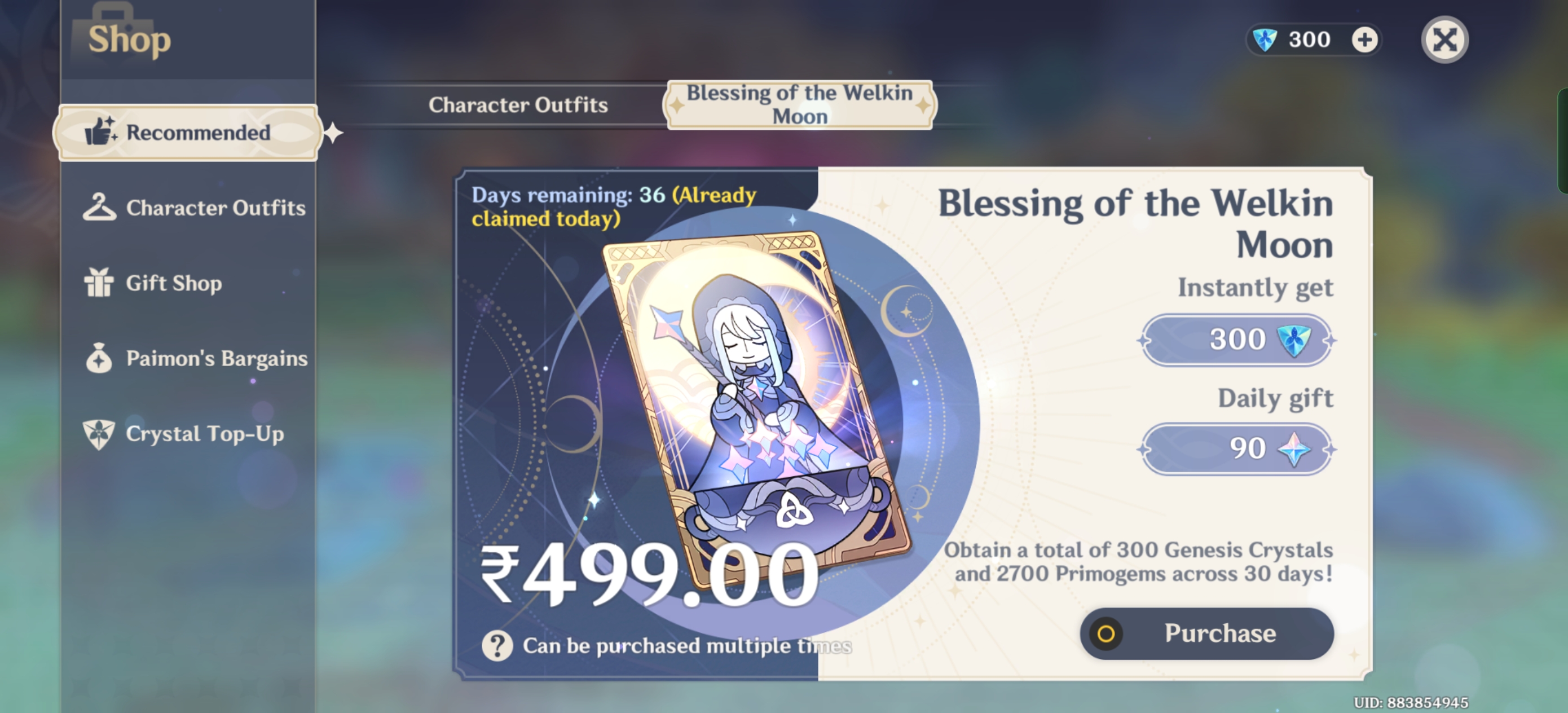 Genshin Impact - Blessing of the Welkin Moon [UID] photo review