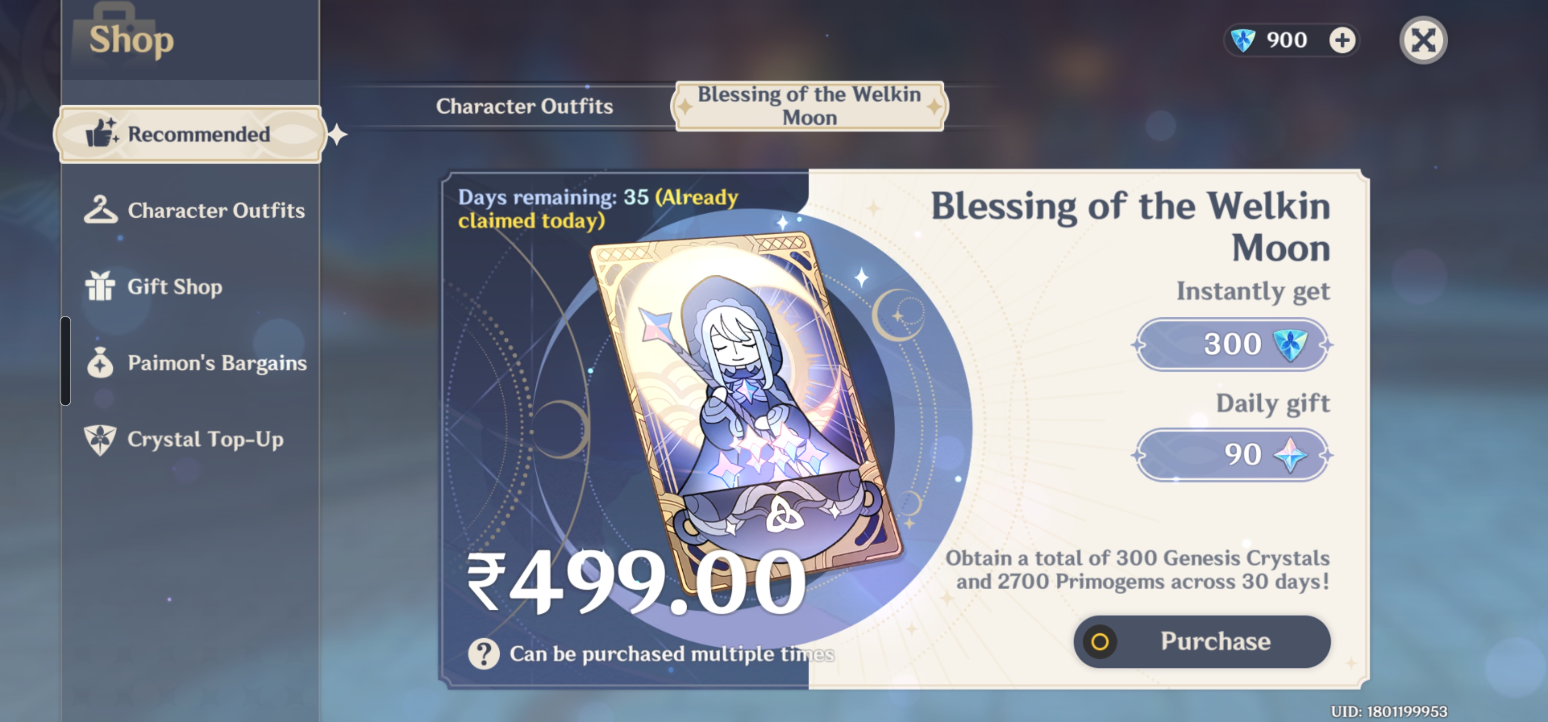 Genshin Impact - Blessing of the Welkin Moon [UID] photo review