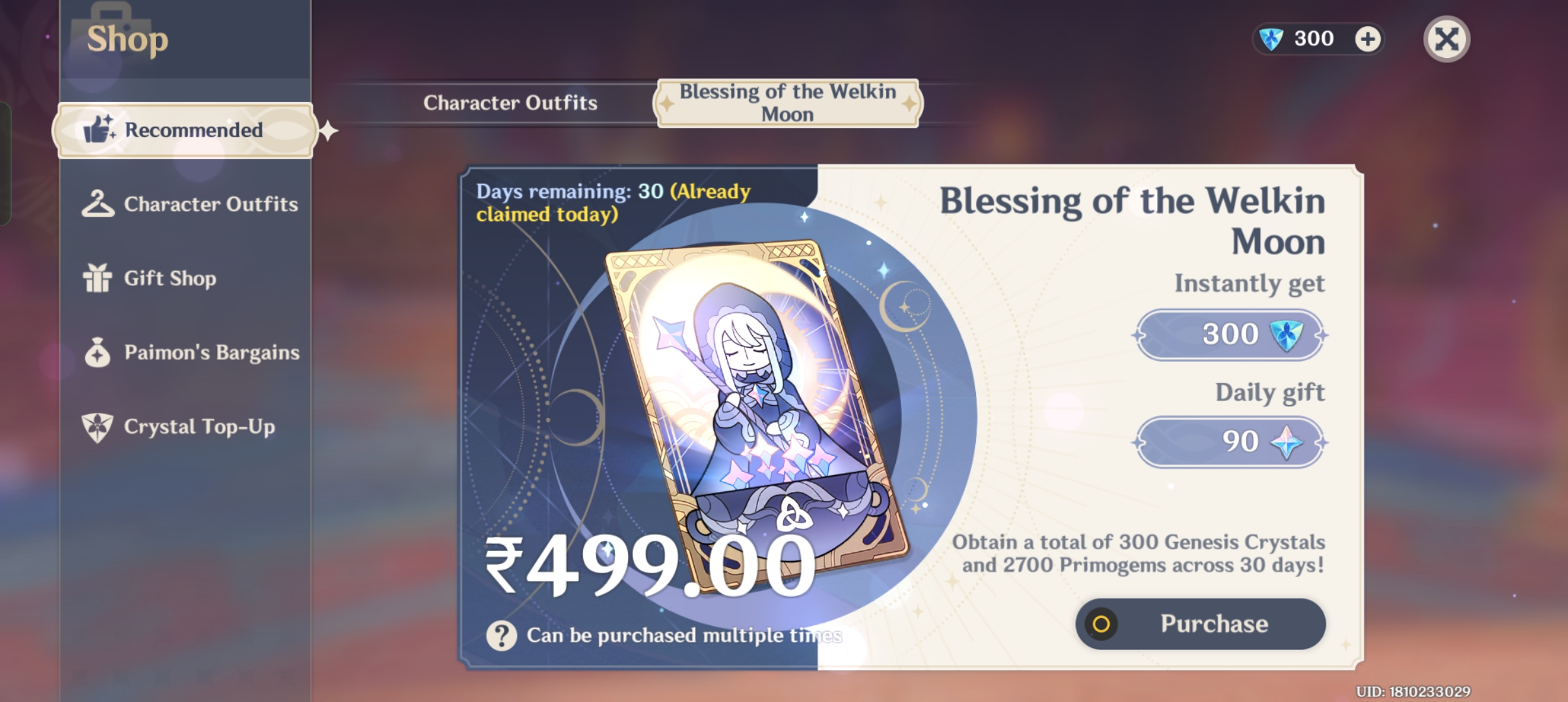 Genshin Impact - Blessing of the Welkin Moon [UID] photo review