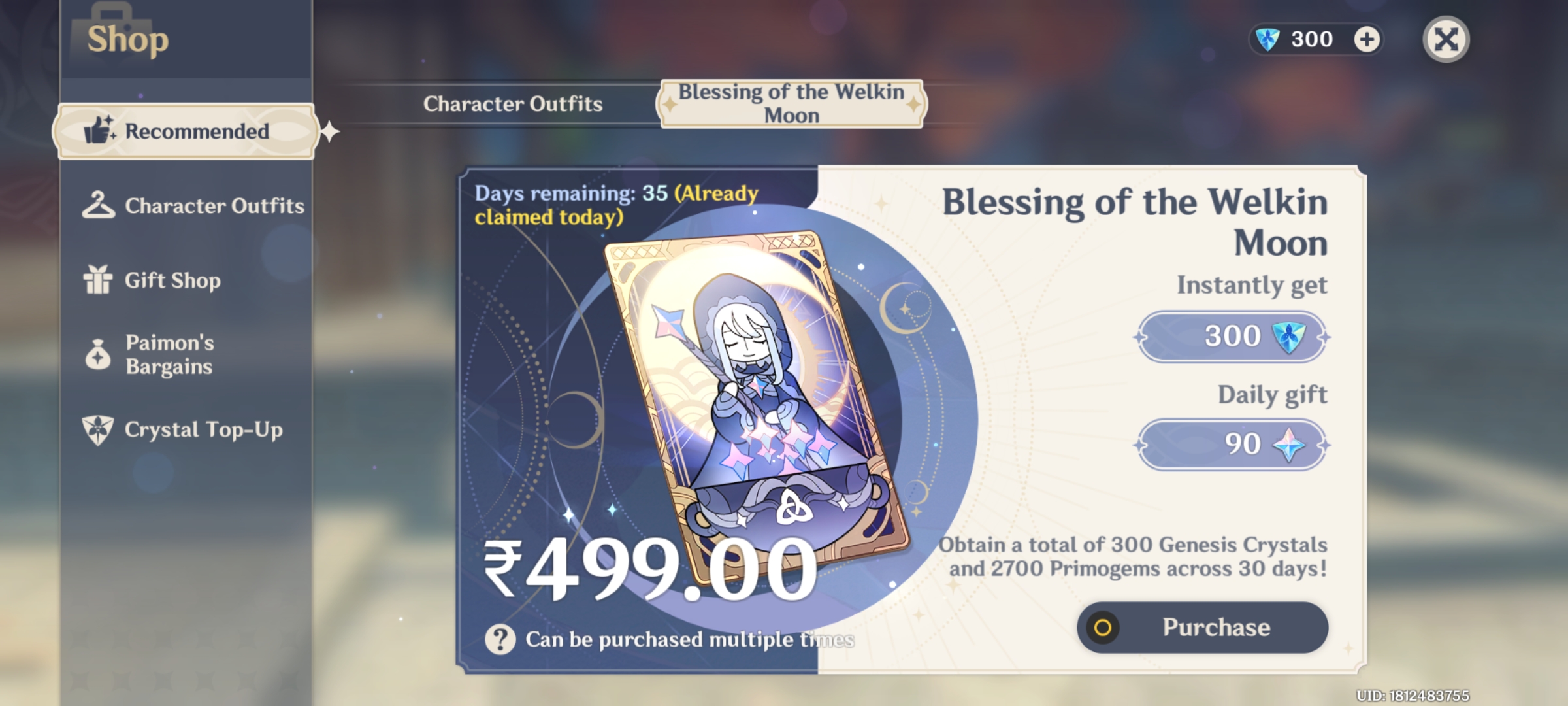 Genshin Impact - Blessing of the Welkin Moon [UID] photo review