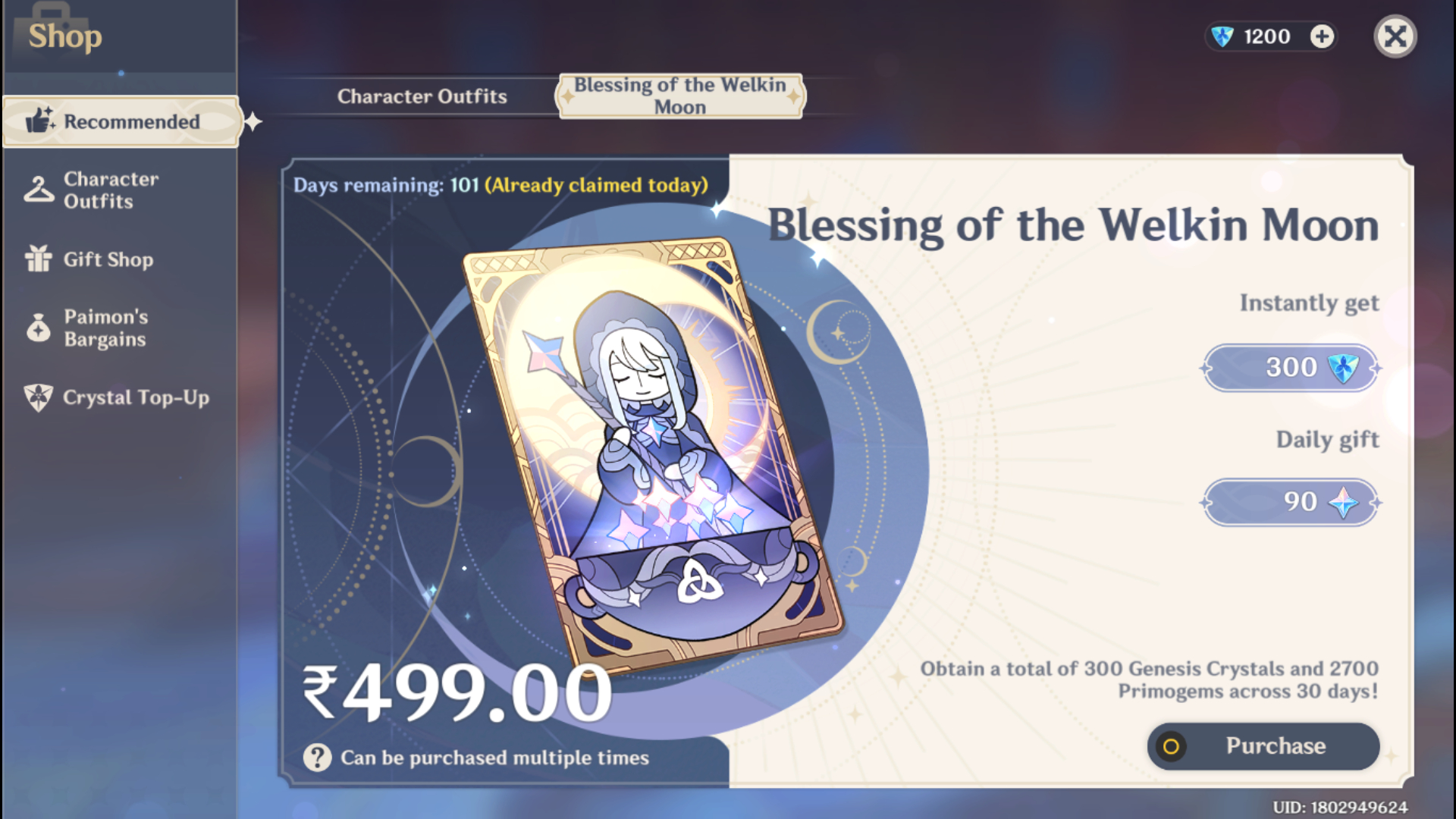 Genshin Impact - Blessing of the Welkin Moon [UID] photo review