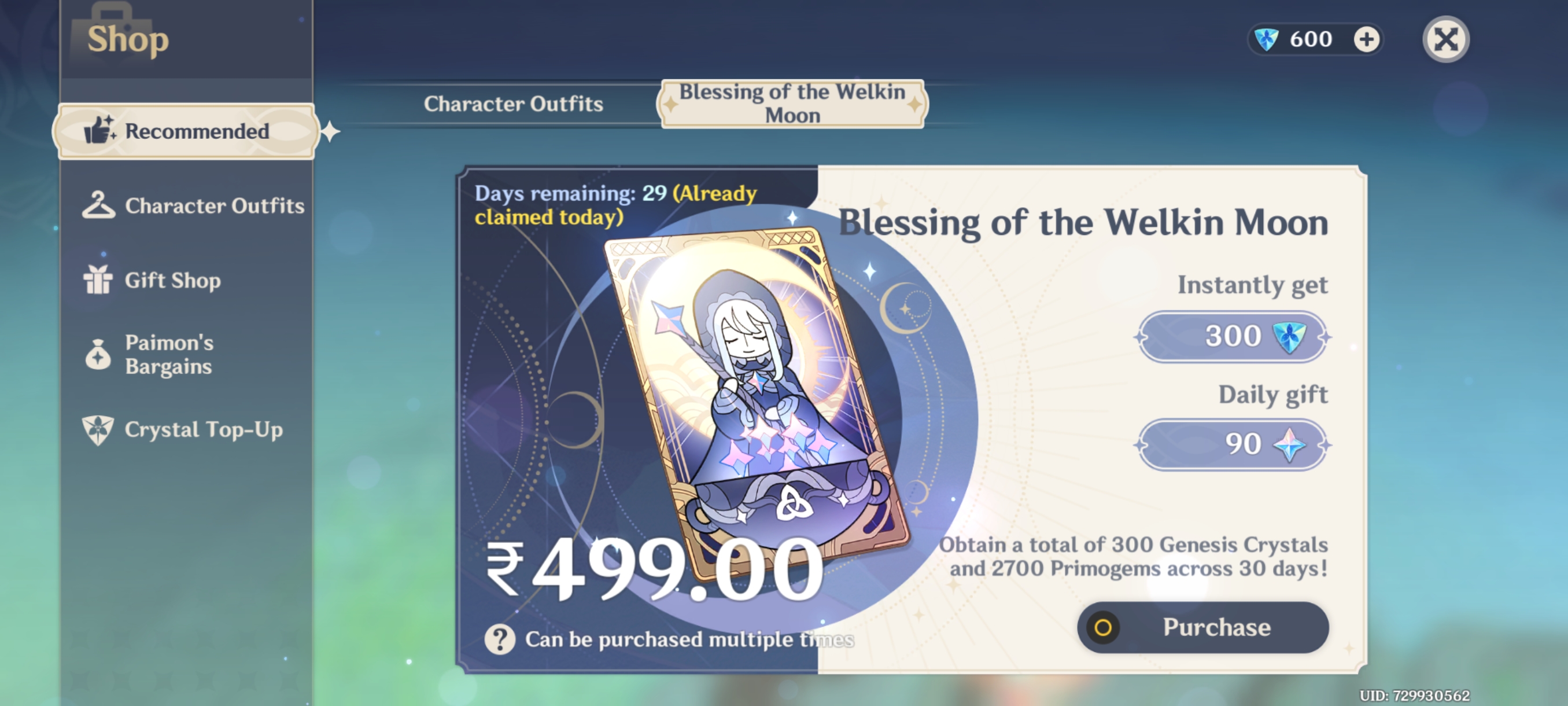 Genshin Impact - Blessing of the Welkin Moon [UID] photo review