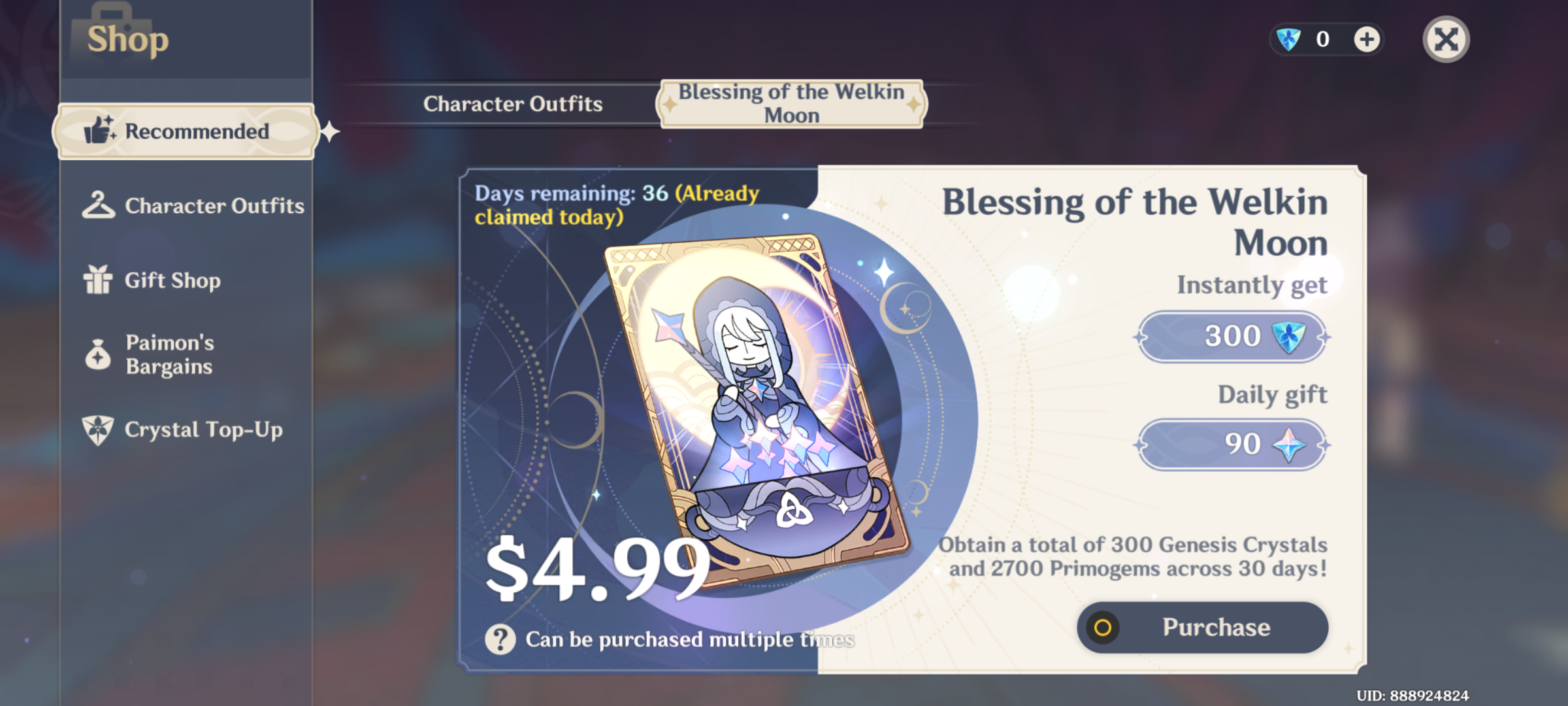 Genshin Impact - Blessing of the Welkin Moon [UID] photo review