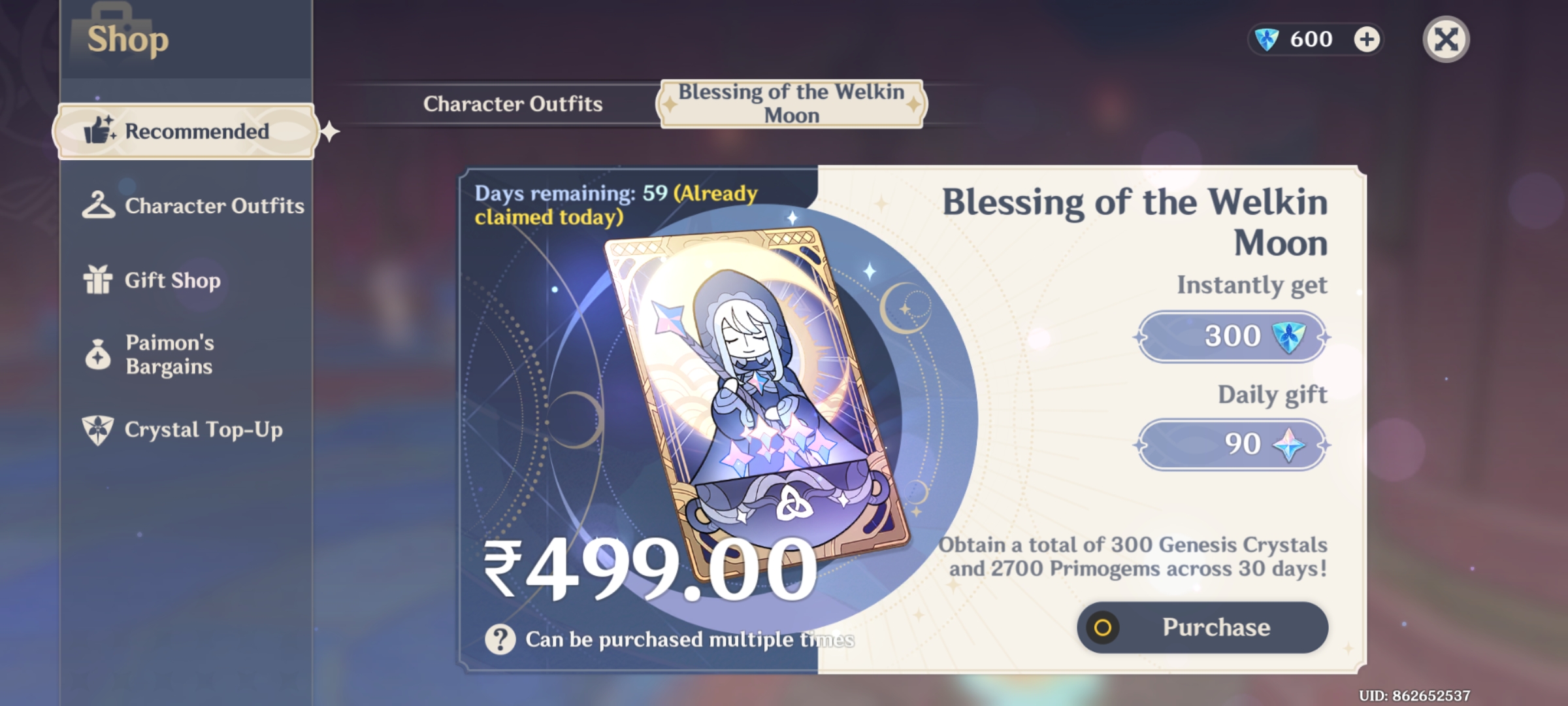 Genshin Impact - Blessing of the Welkin Moon [UID] photo review