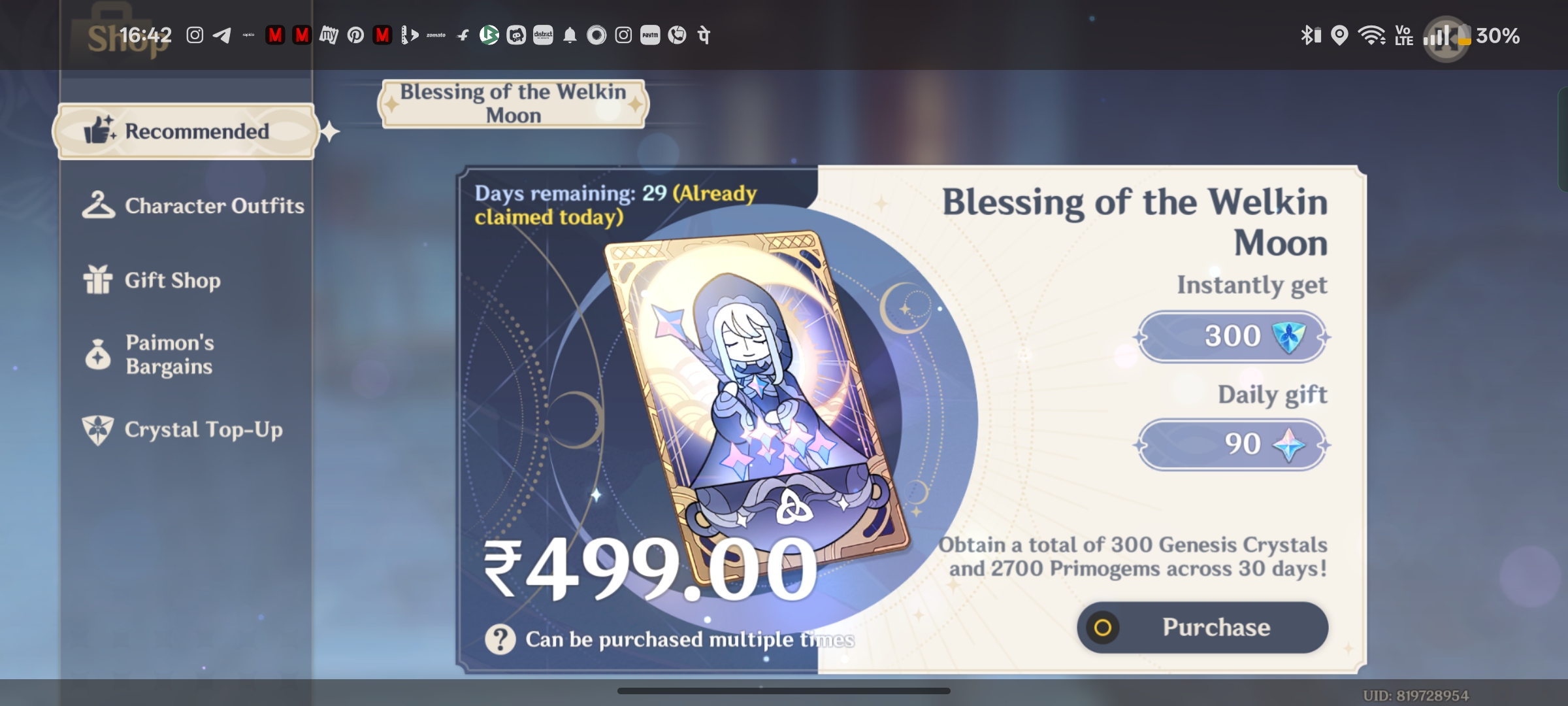 Genshin Impact - Blessing of the Welkin Moon [UID] photo review