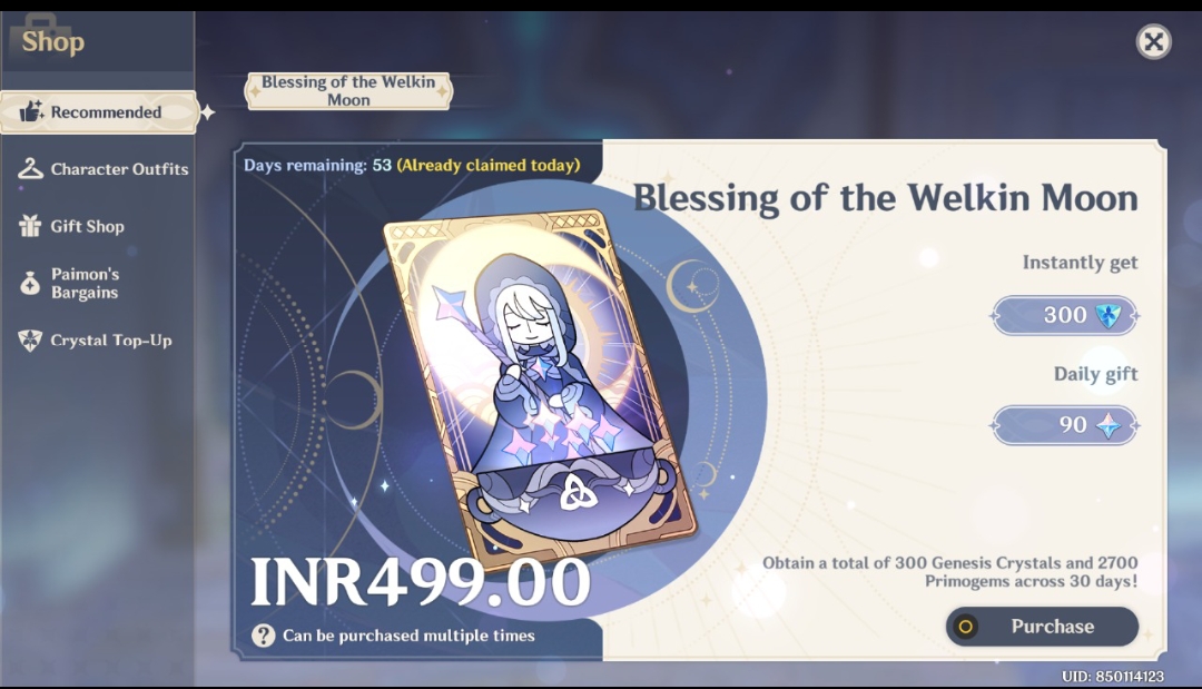 Genshin Impact - Blessing of the Welkin Moon [UID] photo review