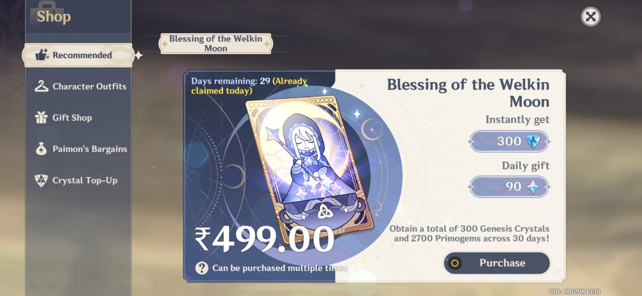 Genshin Impact - Blessing of the Welkin Moon [UID] photo review