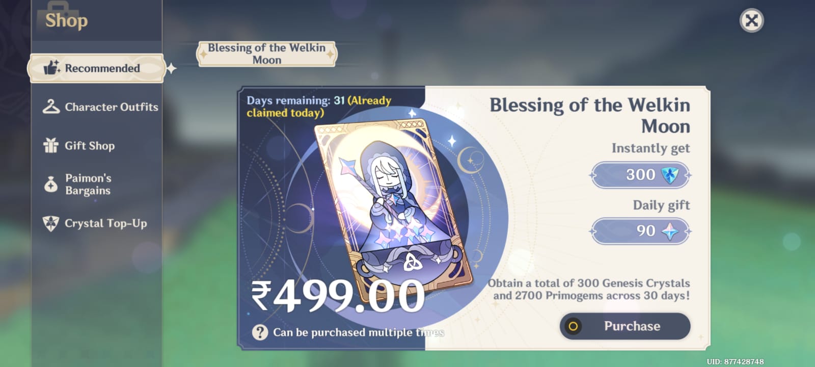 Genshin Impact - Blessing of the Welkin Moon [UID] photo review