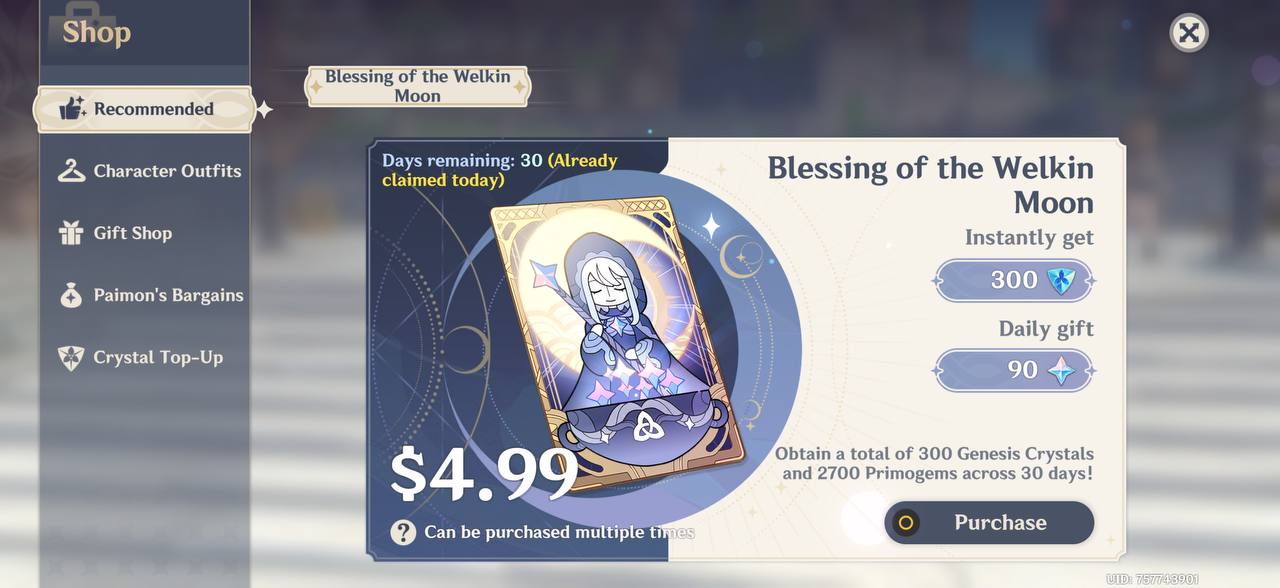 Genshin Impact - Blessing of the Welkin Moon [UID] photo review