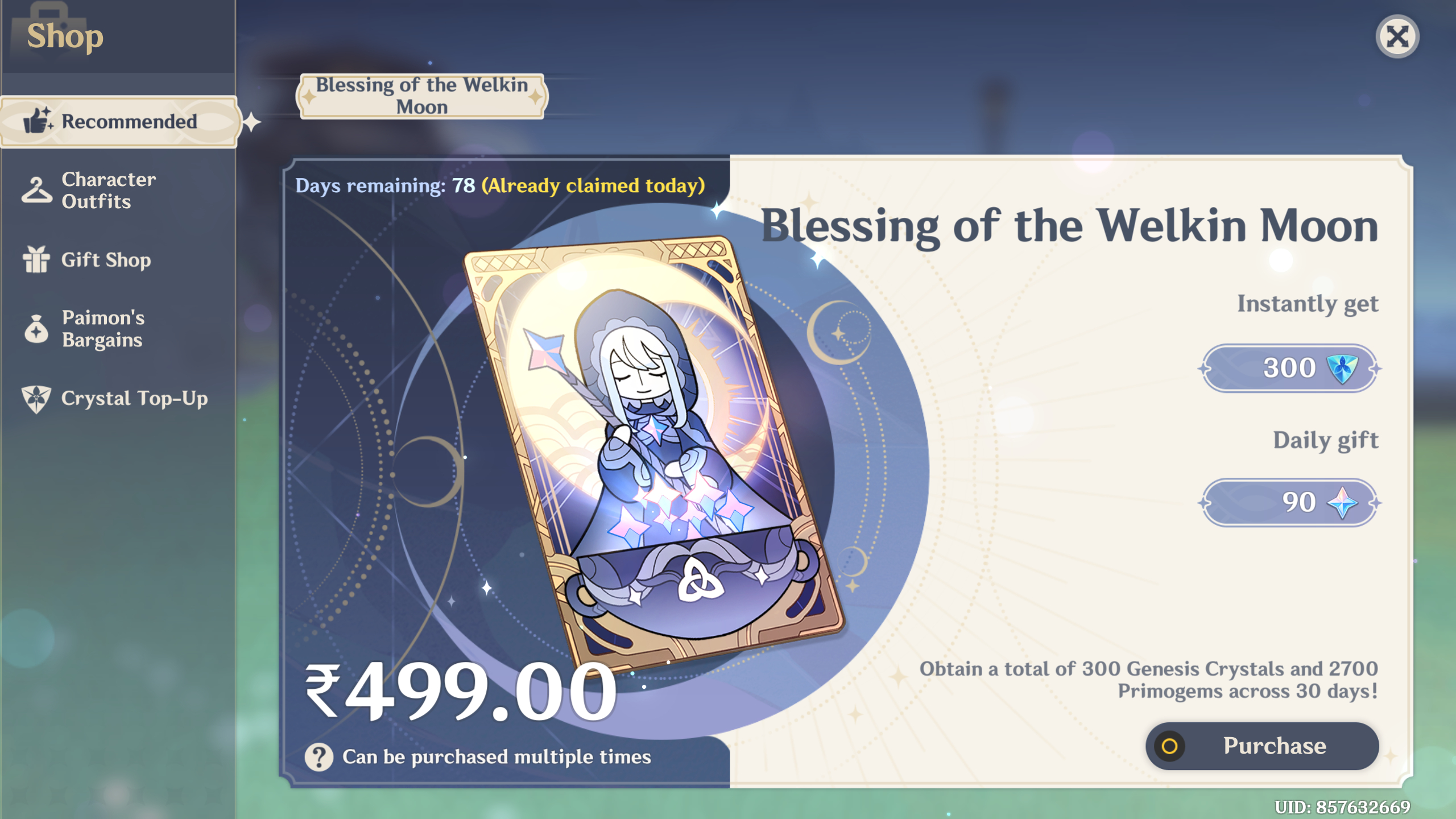 Genshin Impact - Blessing of the Welkin Moon [UID] photo review