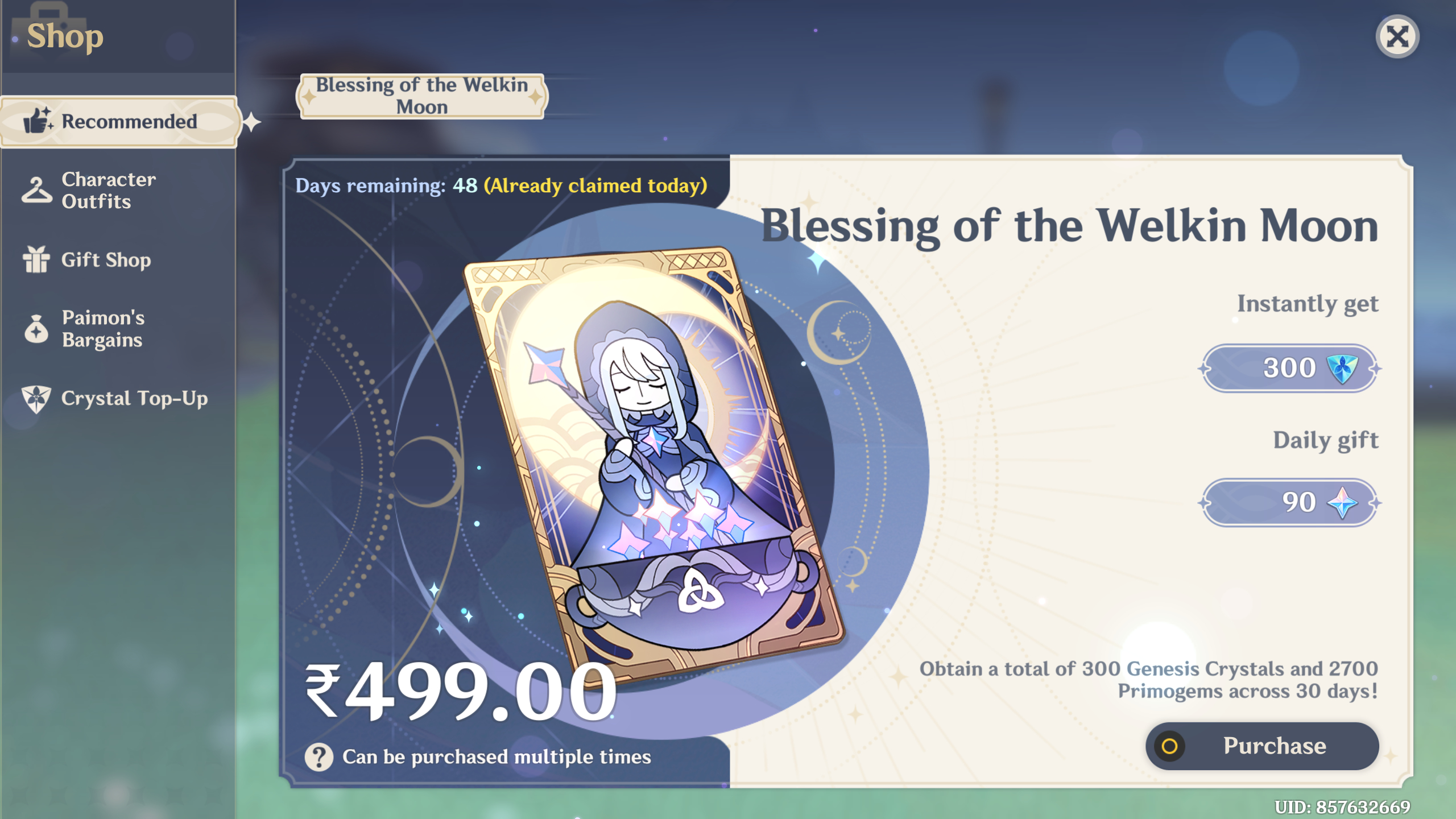 Genshin Impact - Blessing of the Welkin Moon [UID] photo review