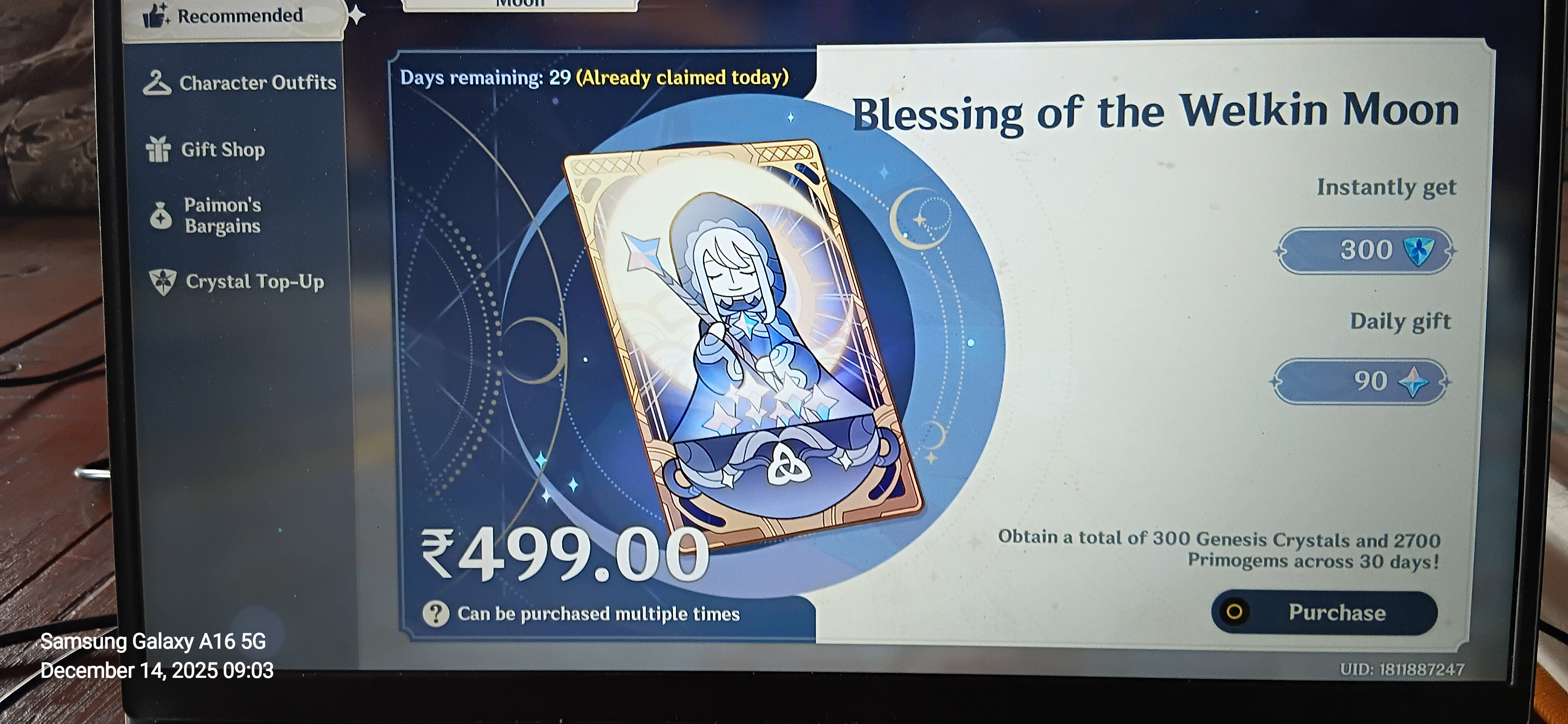 Genshin Impact - Blessing of the Welkin Moon [UID] photo review