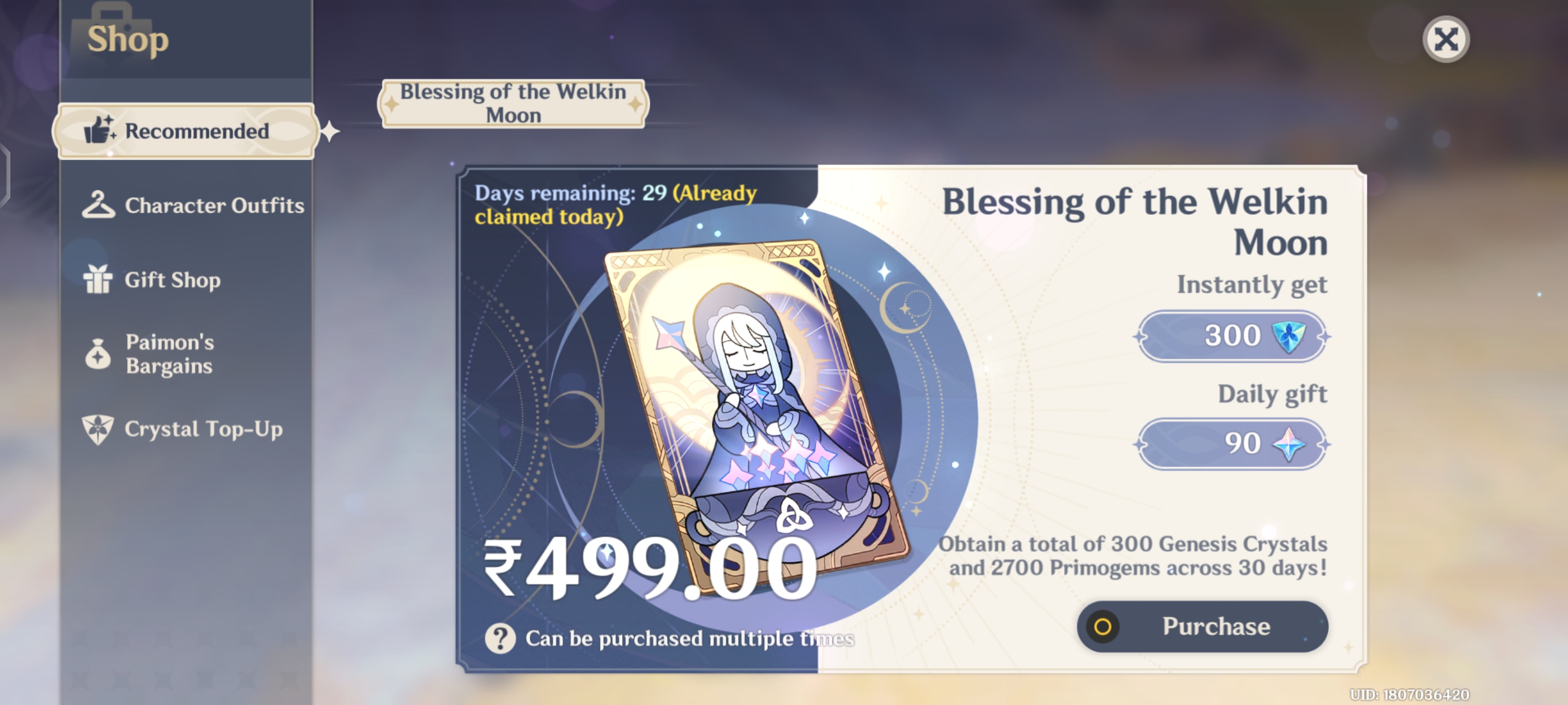 Genshin Impact - Blessing of the Welkin Moon [UID] photo review