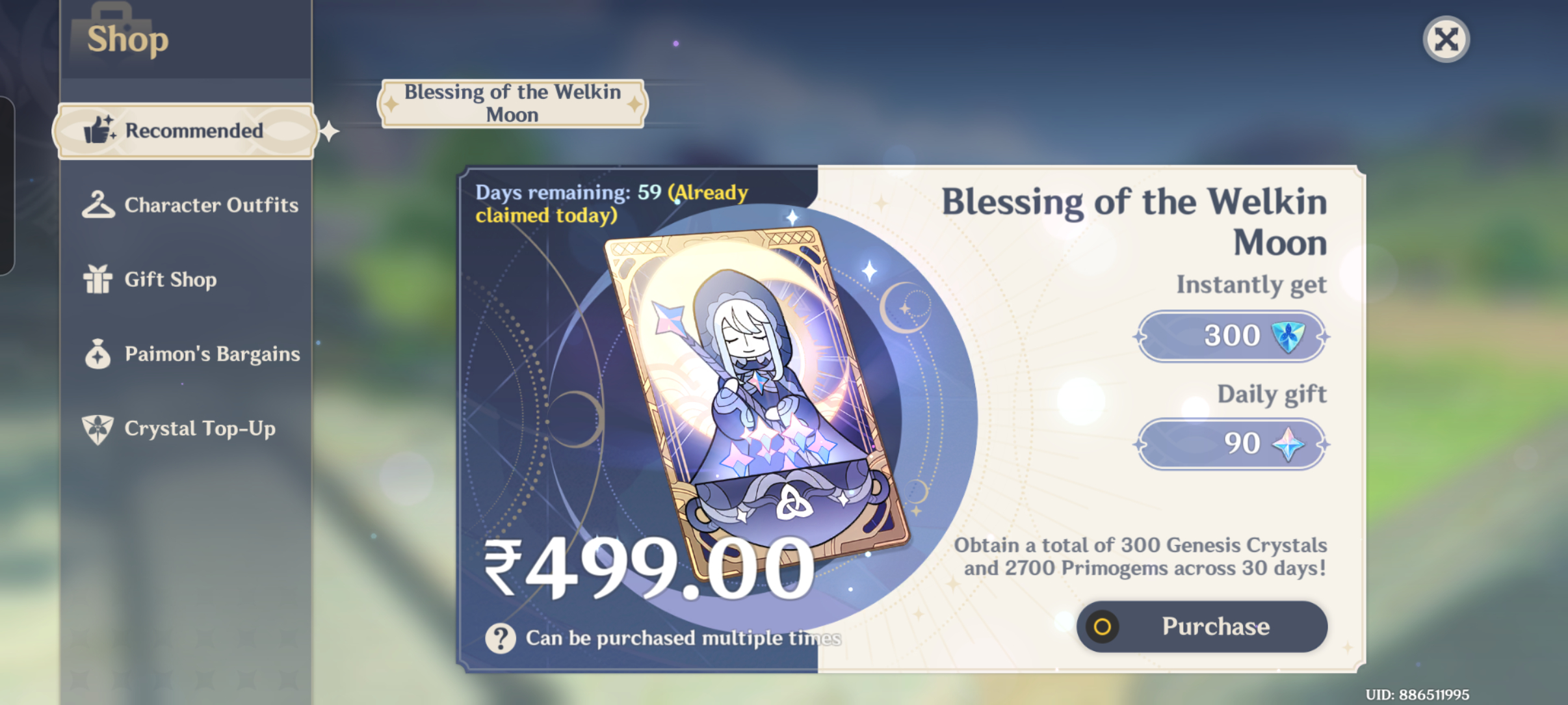 Genshin Impact - Blessing of the Welkin Moon [UID] photo review