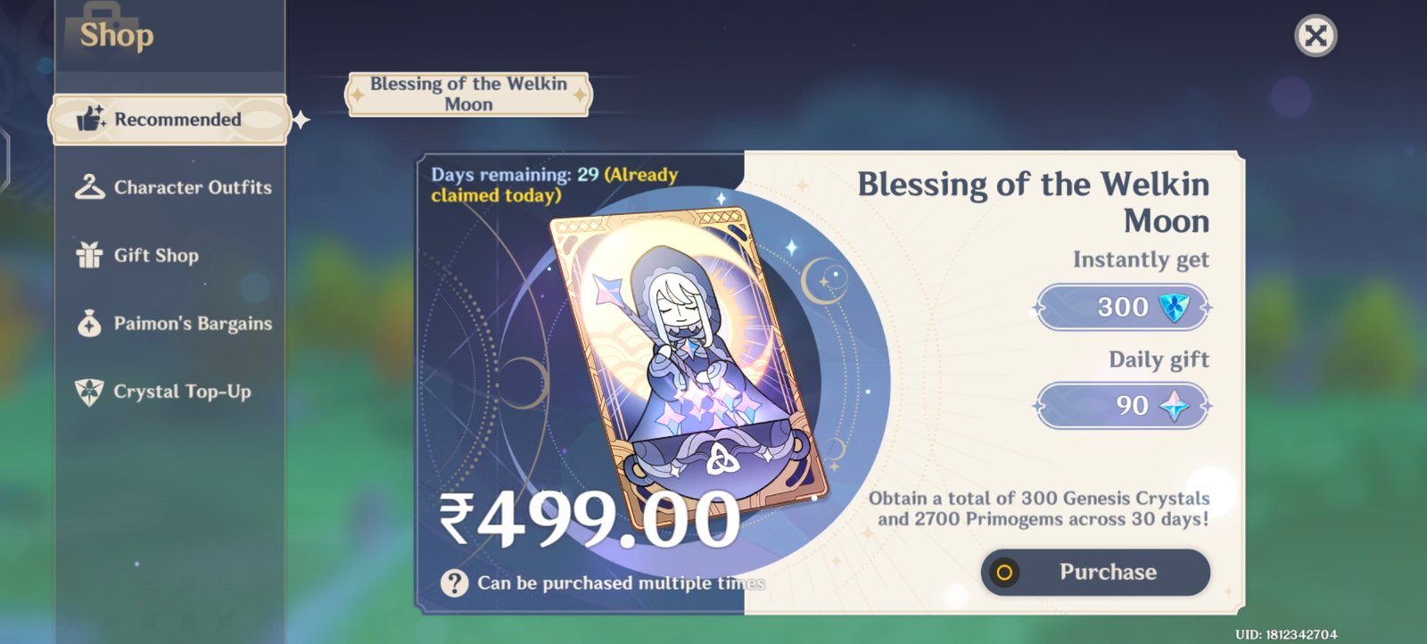 Genshin Impact - Blessing of the Welkin Moon [UID] photo review