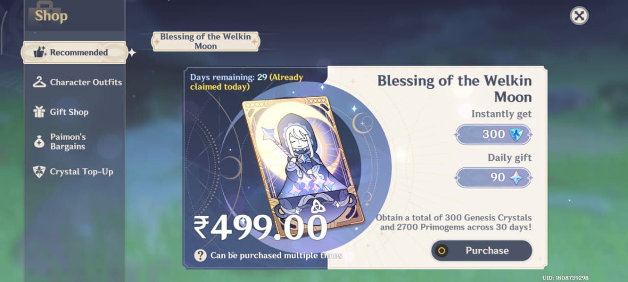 Genshin Impact - Blessing of the Welkin Moon [UID] photo review