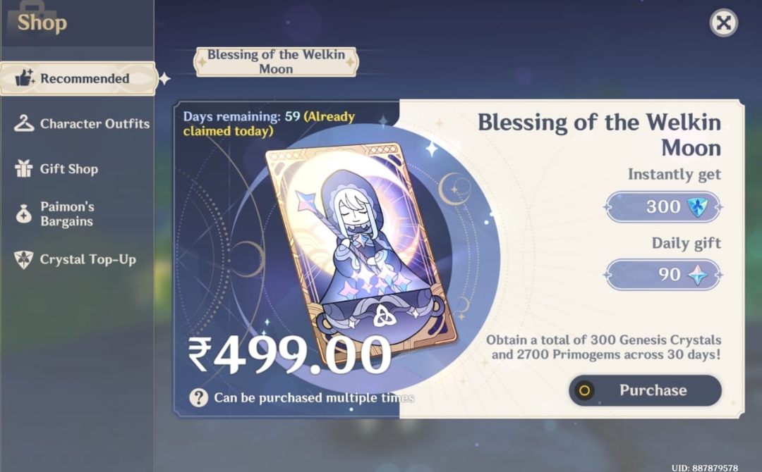 Genshin Impact - Blessing of the Welkin Moon [UID] photo review