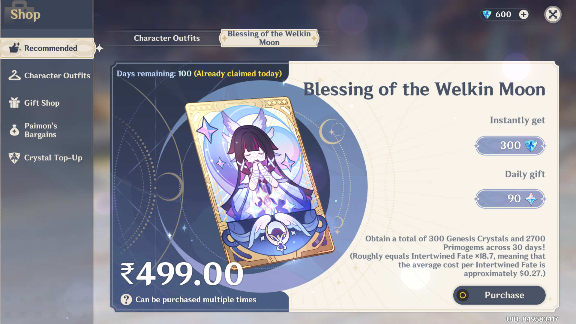 Genshin Impact - Blessing of the Welkin Moon [UID] photo review