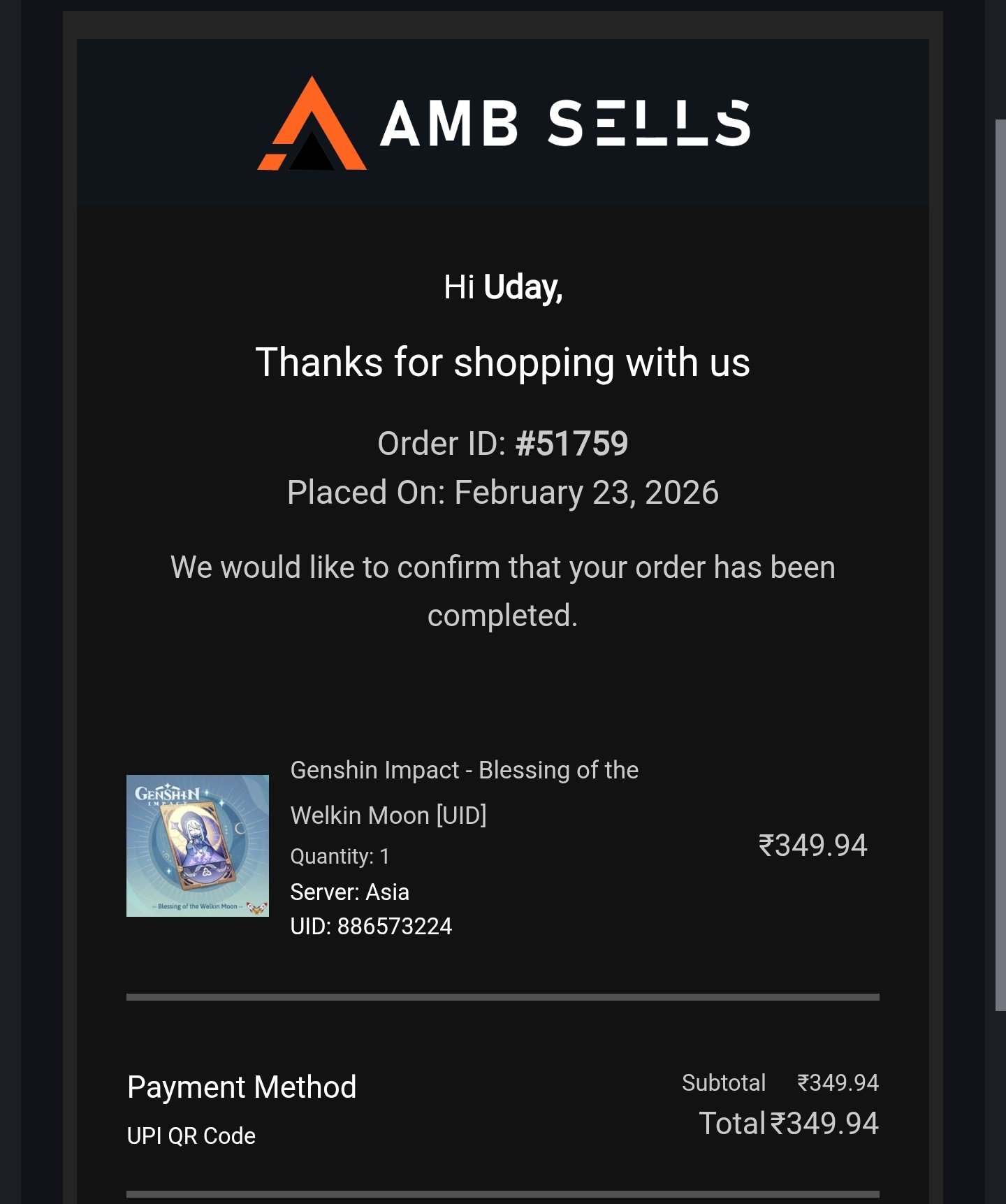 Genshin Impact - Blessing of the Welkin Moon [UID] photo review