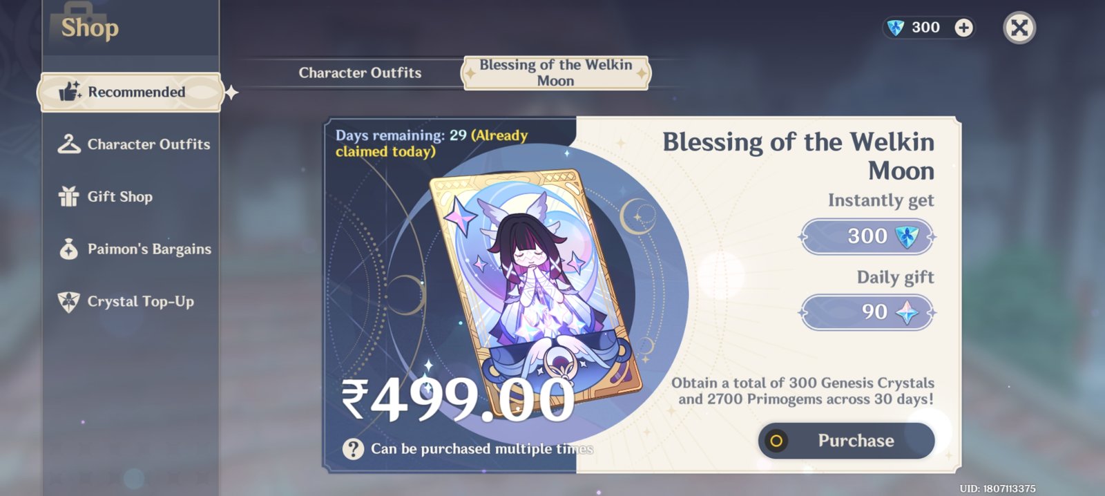 Genshin Impact - Blessing of the Welkin Moon [UID] photo review