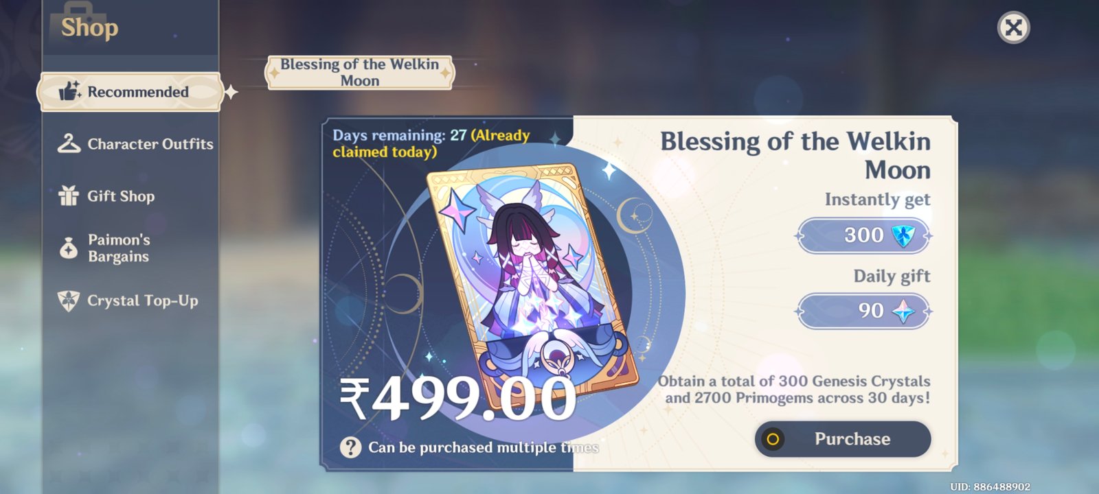 Genshin Impact - Blessing of the Welkin Moon [UID] photo review