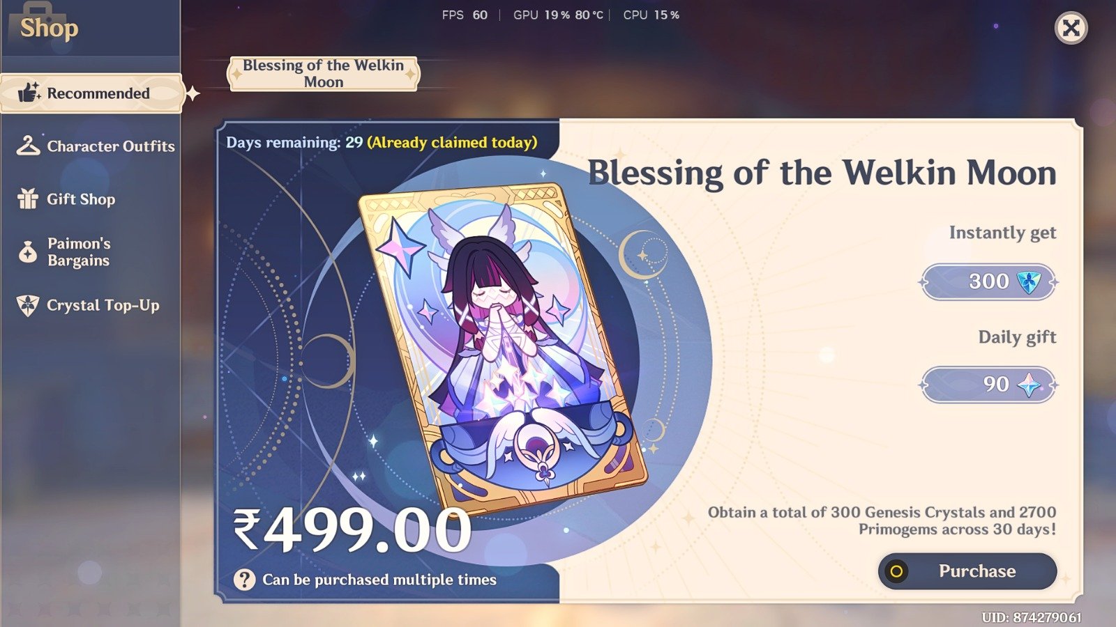 Genshin Impact - Blessing of the Welkin Moon [UID] photo review