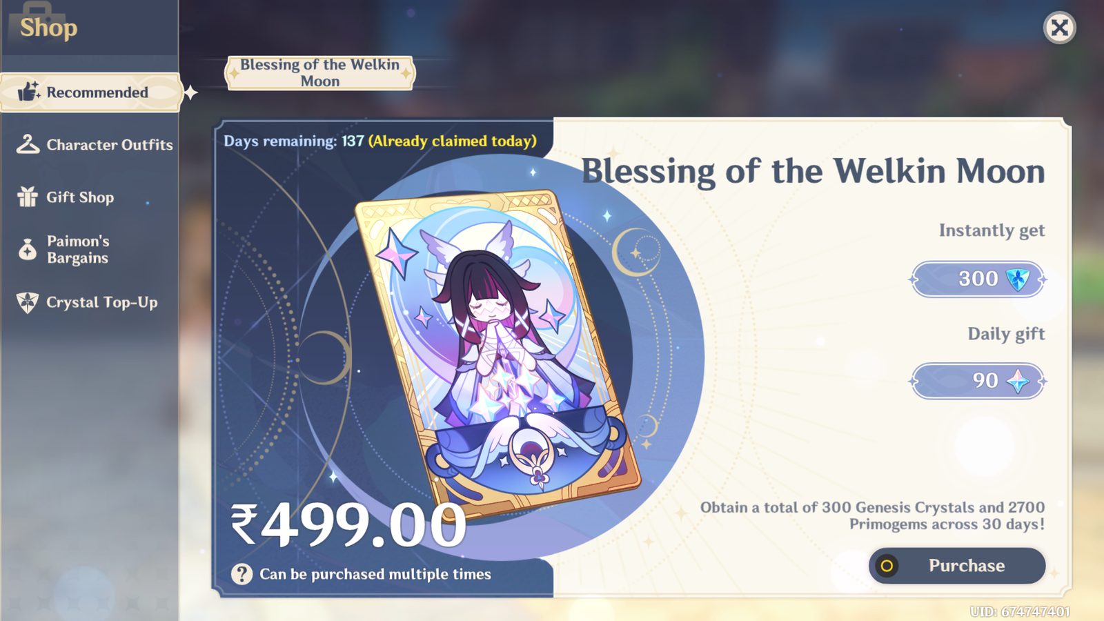 Genshin Impact - Blessing of the Welkin Moon [UID] photo review